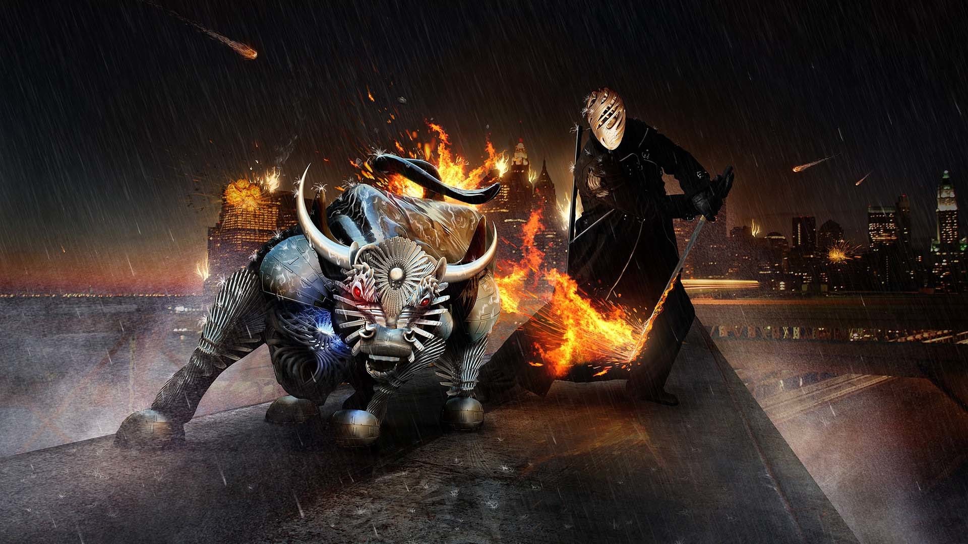Toro, Fiamme, Guerriero, Fantasy, Pioggia, Full HD, sfondo per PC