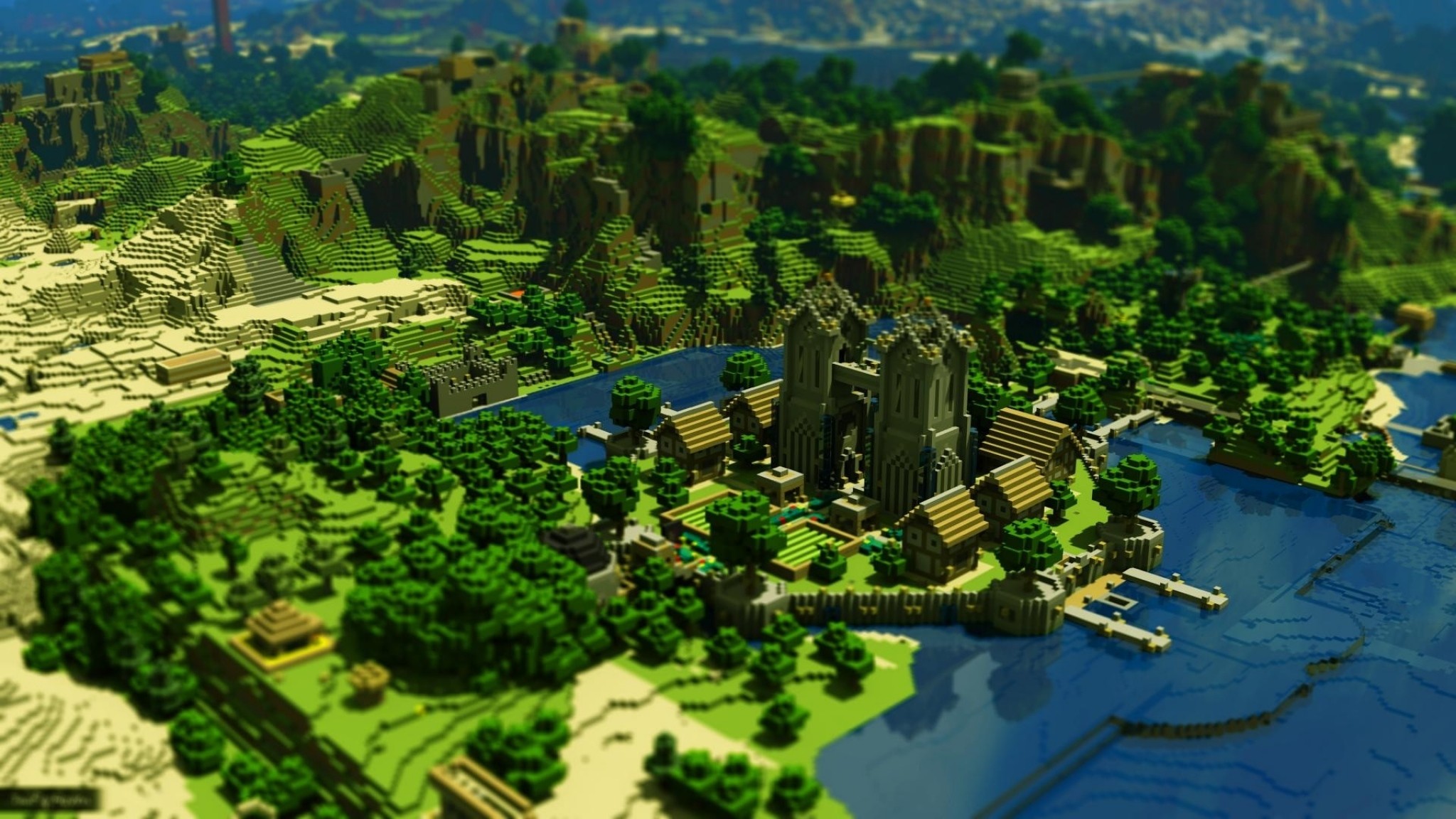 Minecraft, Città, Foresta, Vista aerea, Full HD, sfondo per portatile