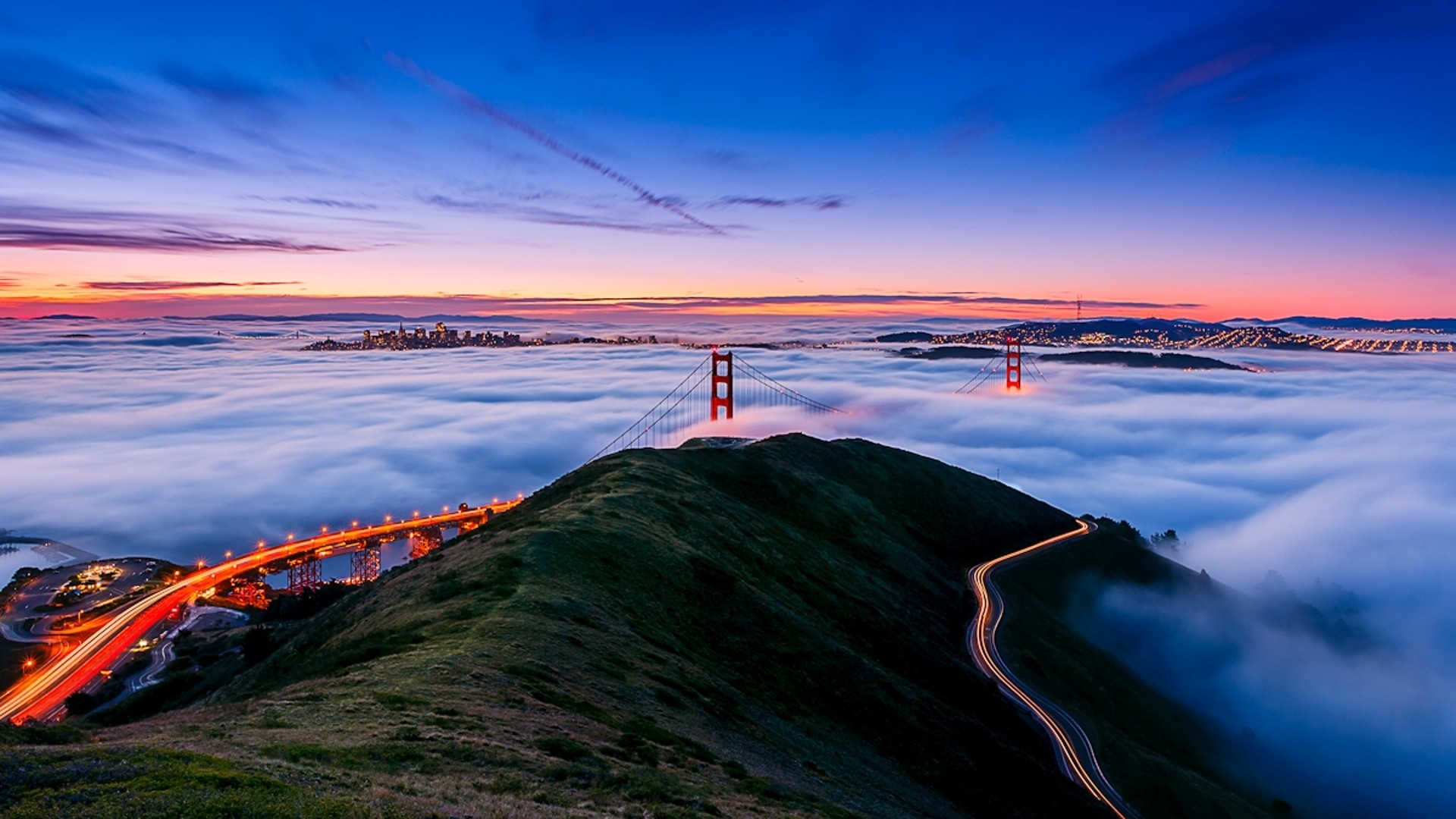 Golden Gate Bridge, Marin Headlands, Nebbia, Crepuscolo, 1920x1080, sfondo per PC