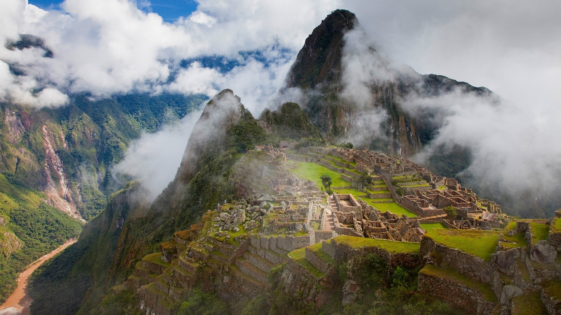 Machu Picchu, Huayna Picchu, Perù, Nebbia, Fiume Urubamba, 1920x1080, immagine di sfondo