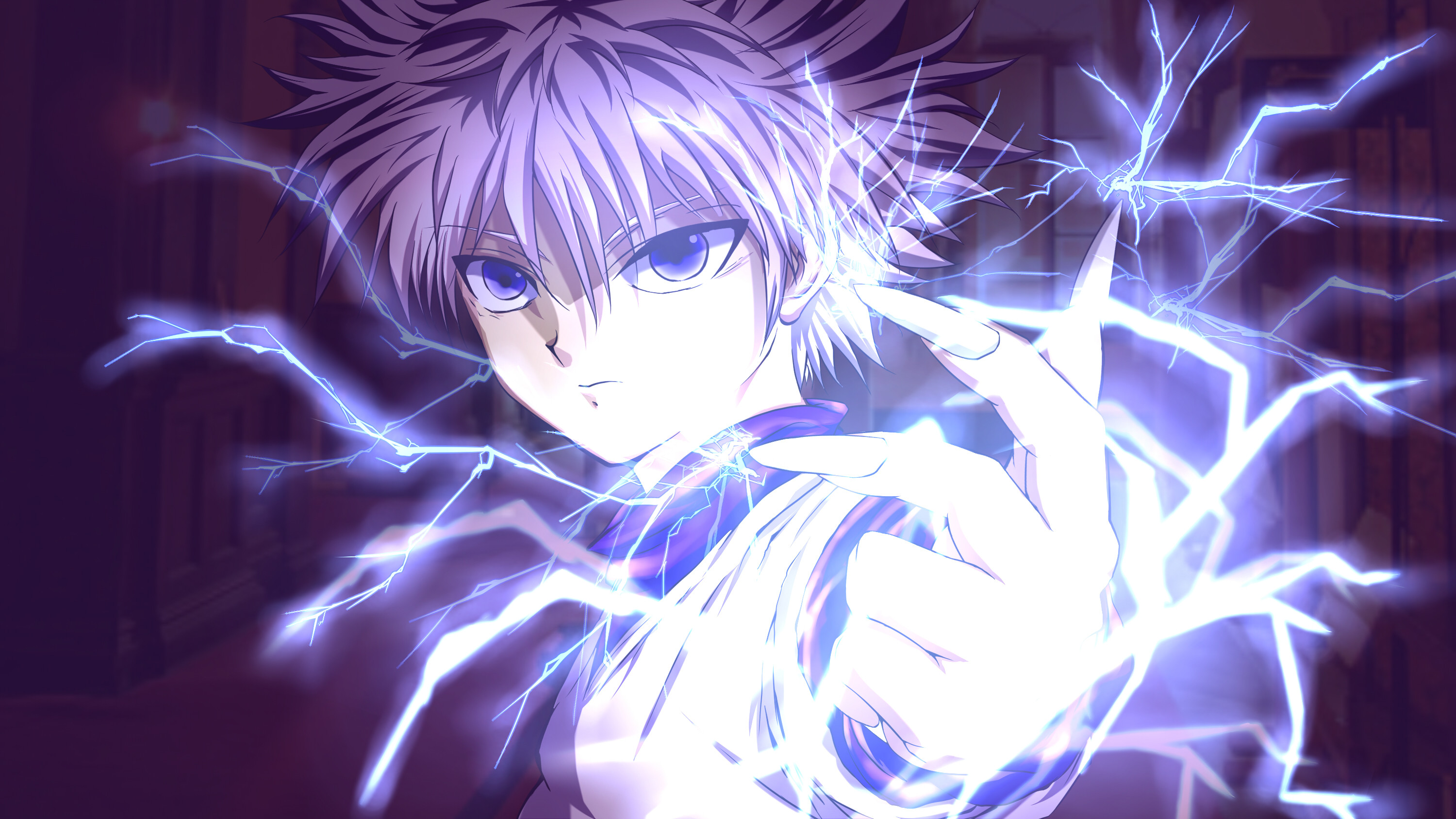 Killua Zoldyck, Hunter x Hunter, Fulmini, Viola, 16:9 2K, sfondo widescreen