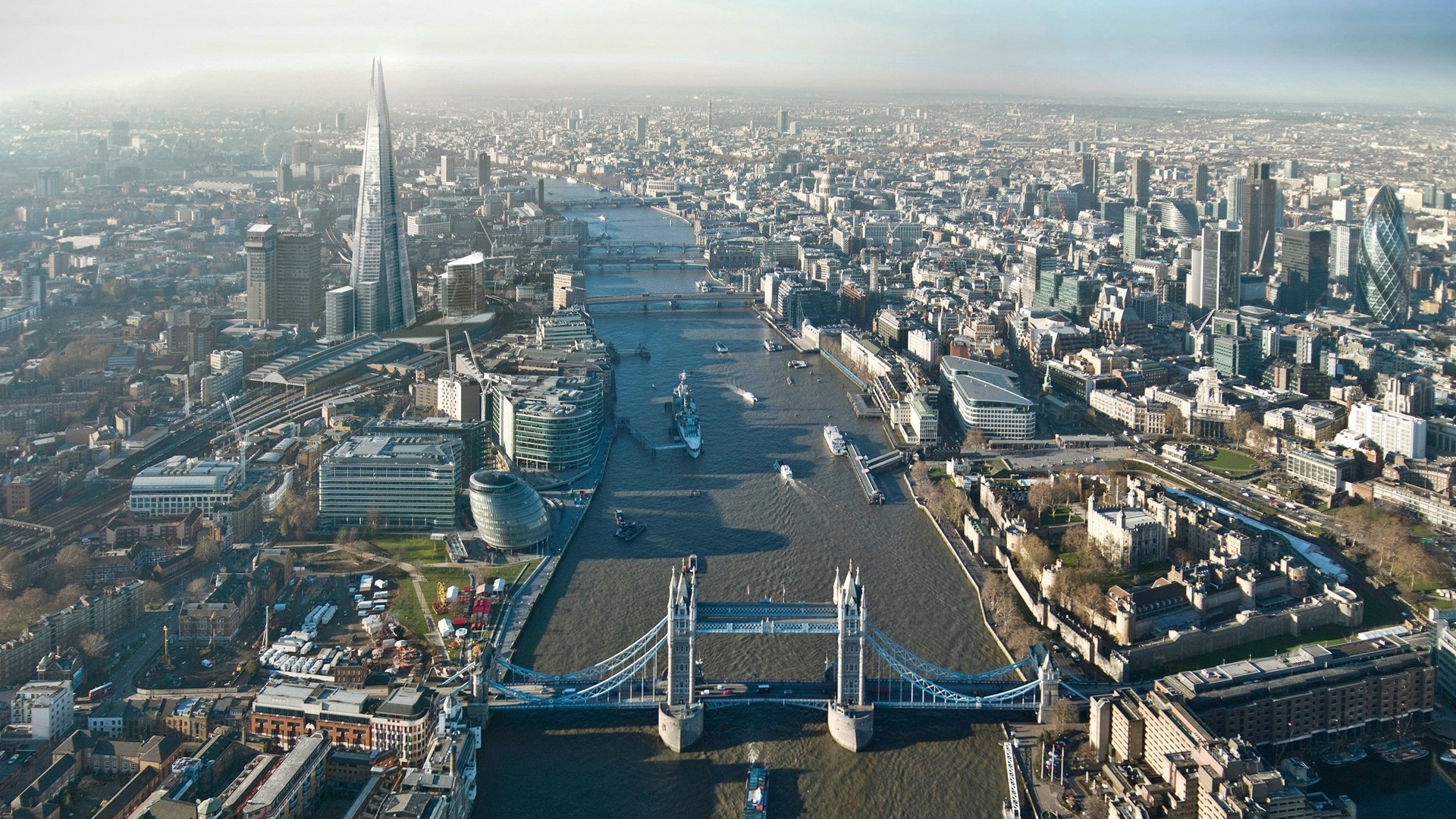 Londra, Tamigi, Tower Bridge, The Shard, Vista aerea, 1920x1080, immagine di sfondo
