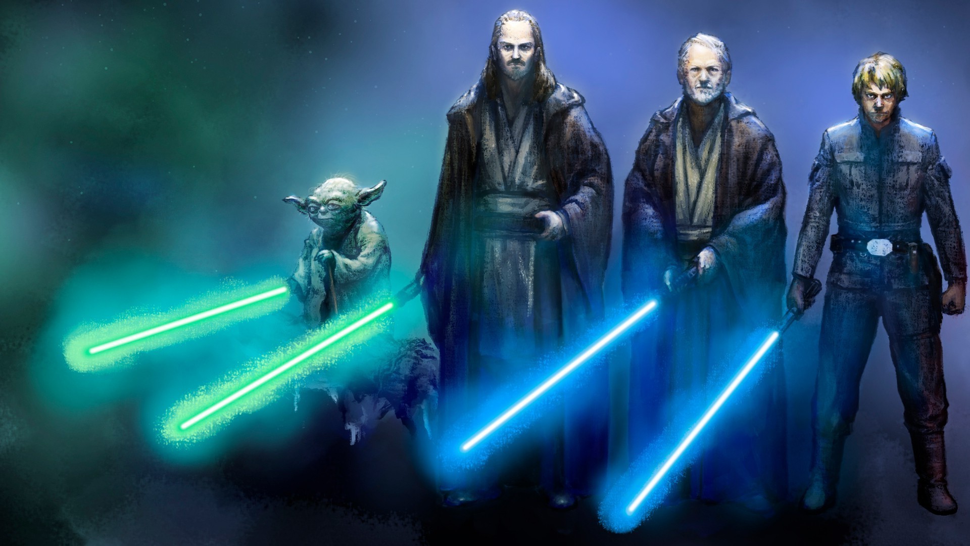 Yoda, Qui-Gon Jinn, Obi-Wan Kenobi, Luke Skywalker, Spade laser, sfondo 16:9 Full HD