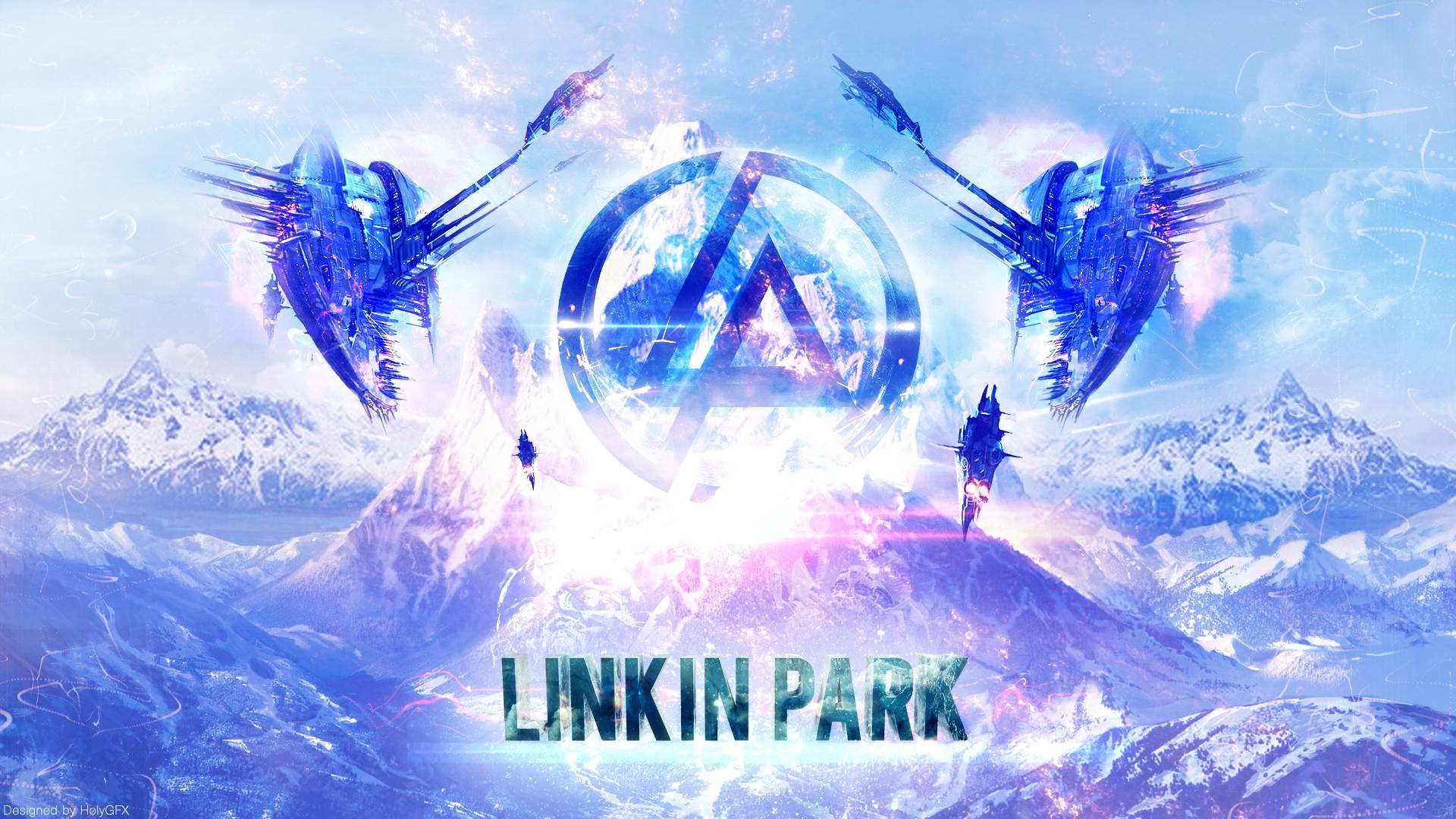 Linkin Park, Logo Linkin Park, Montagne innevate, Arte digitale, Azzurro, sfondo desktop Full HD