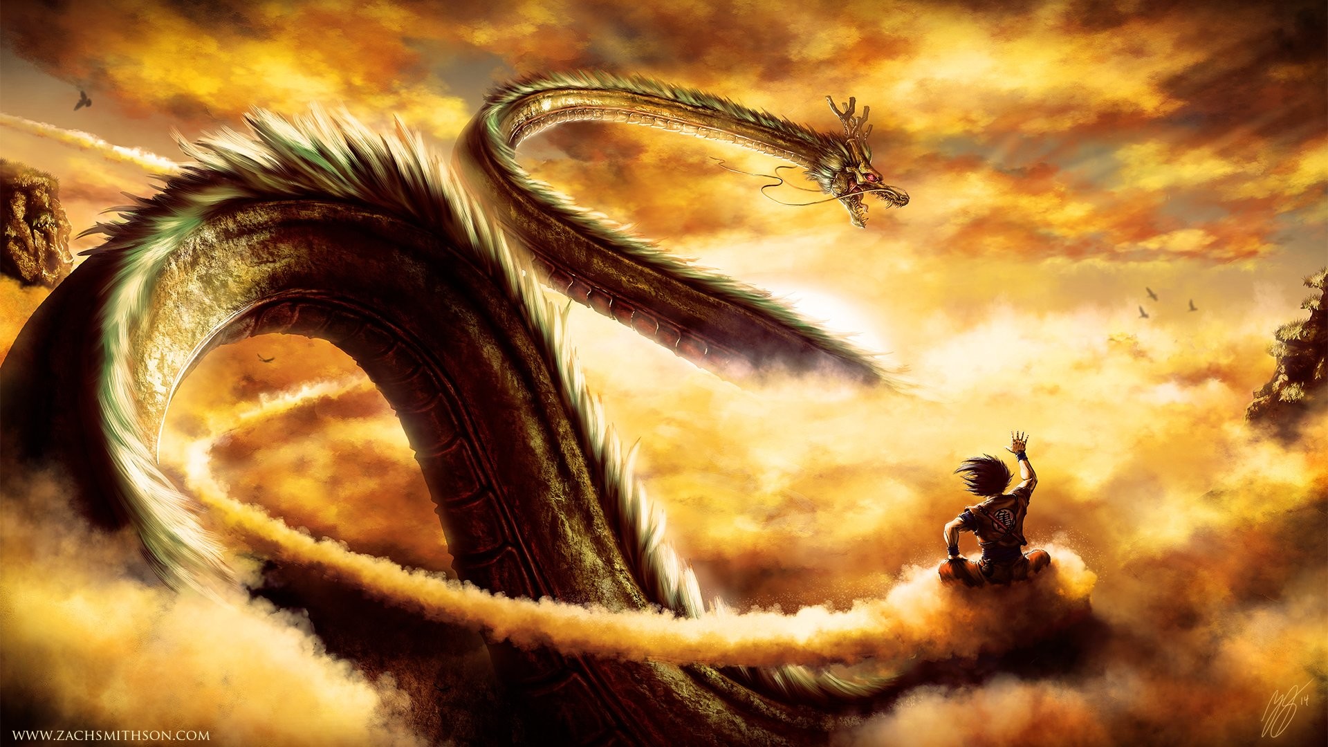 Shenron, Son Goku, Dragon Ball, Nuvola Speedy, Pittura digitale, sfondo widescreen Full HD