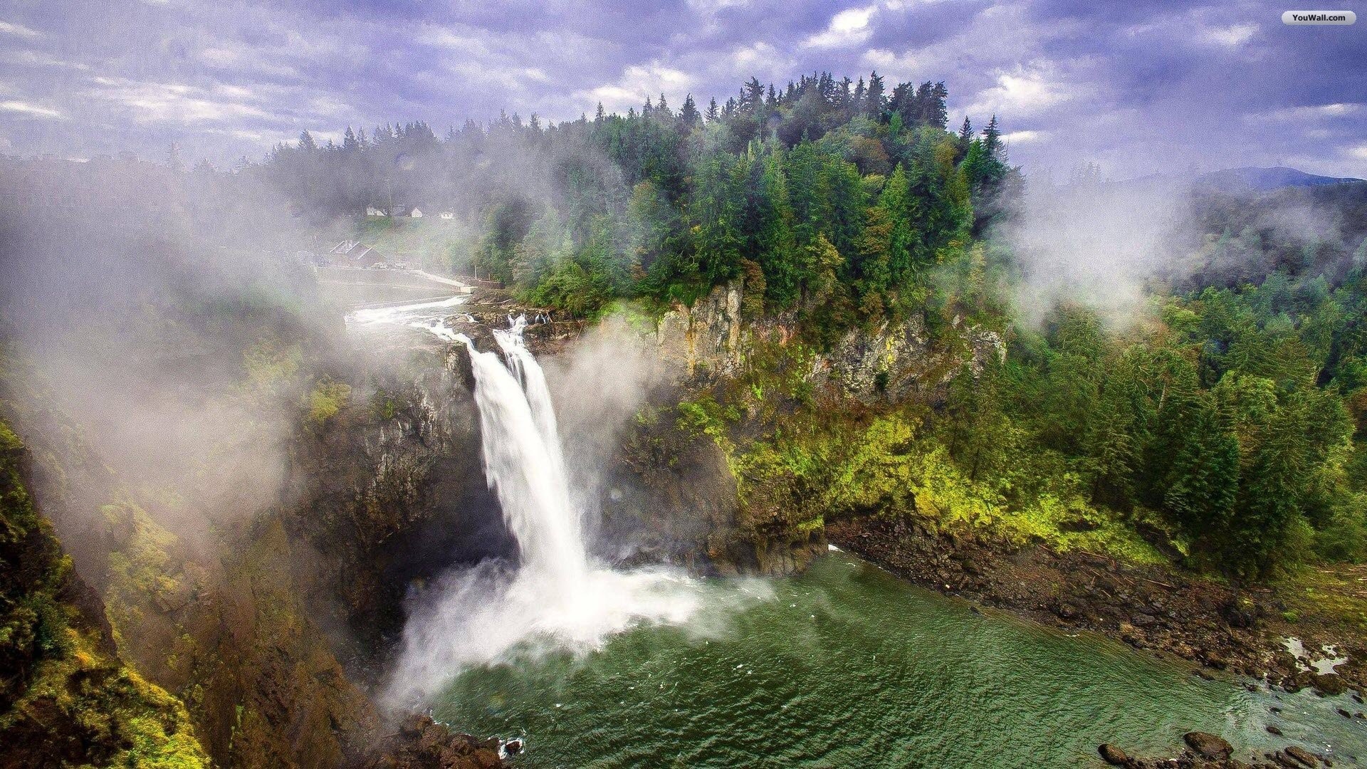 Snoqualmie Falls, Cascata, Foresta, Nebbia, 16:9 Full HD, sfondo widescreen