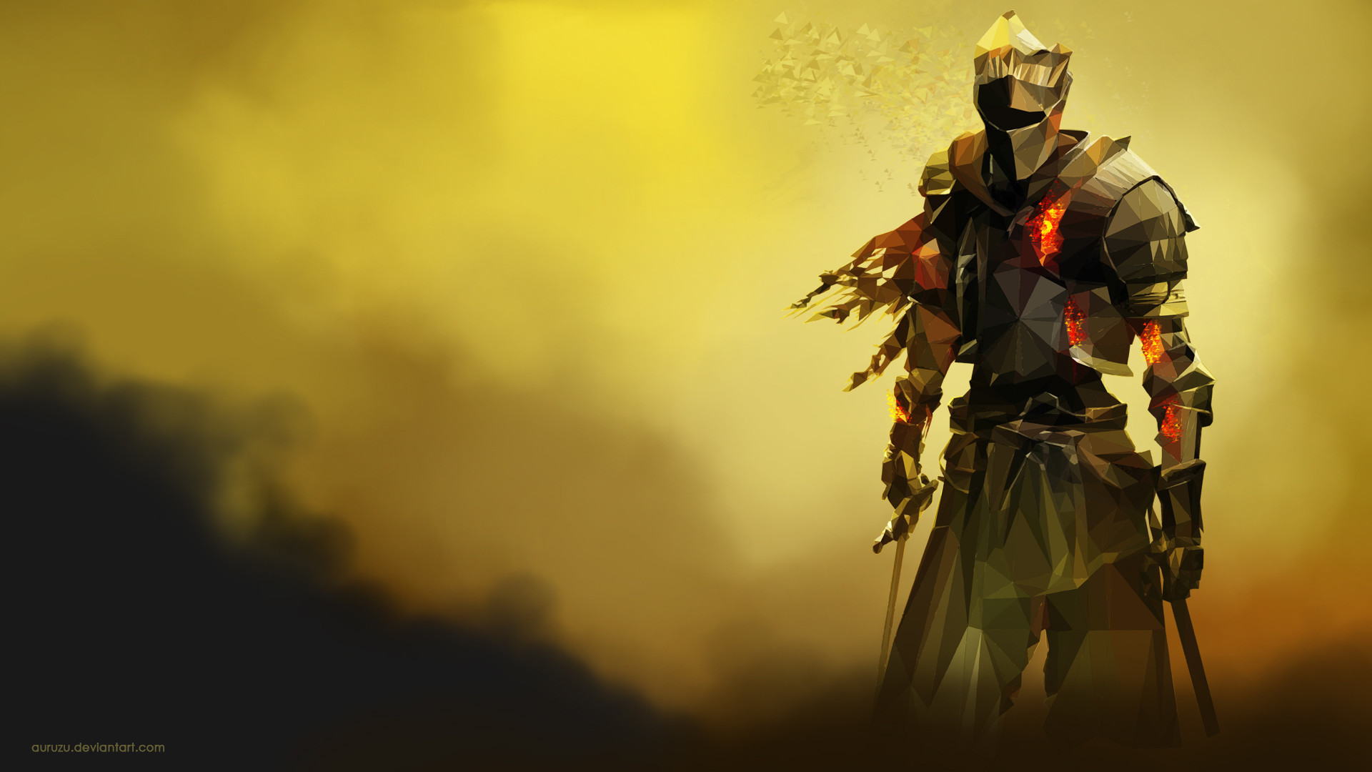 Dark Souls, Cavaliere, Armatura, Nebbia, Giallo, Full HD, sfondo per PC