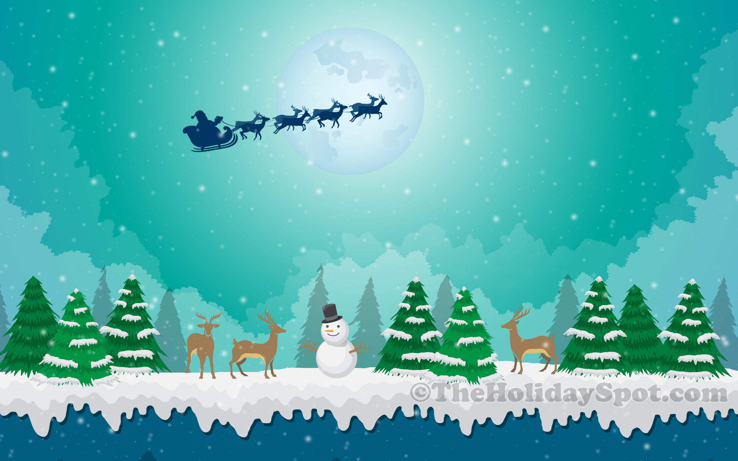 Natale, Slitta di Babbo Natale, Renne, Pupazzo di neve, Illustrazione, sfondo desktop 1600p
