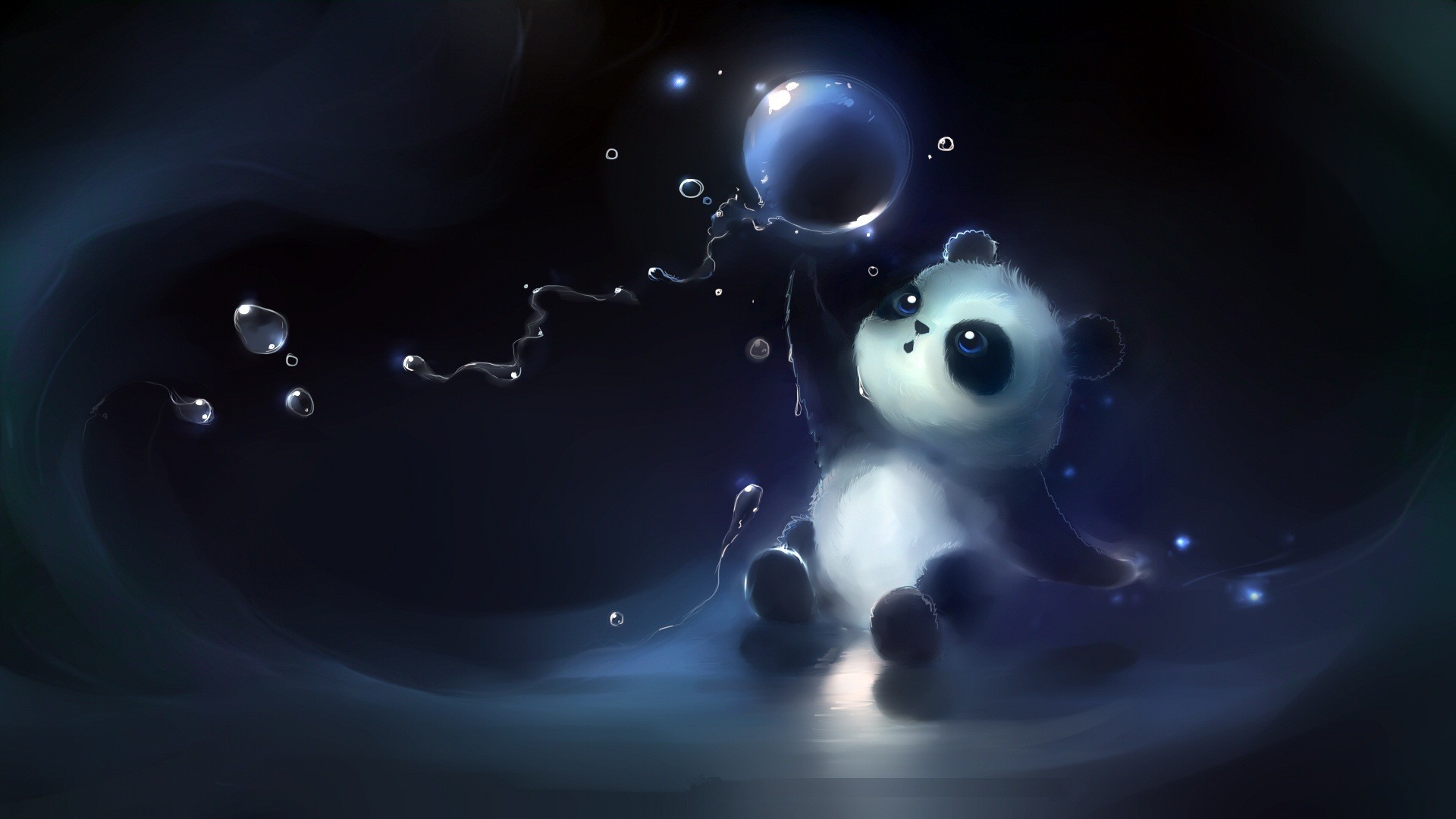 Panda, Bolle, Arte digitale, Notte, 16:9 Full HD, sfondo widescreen