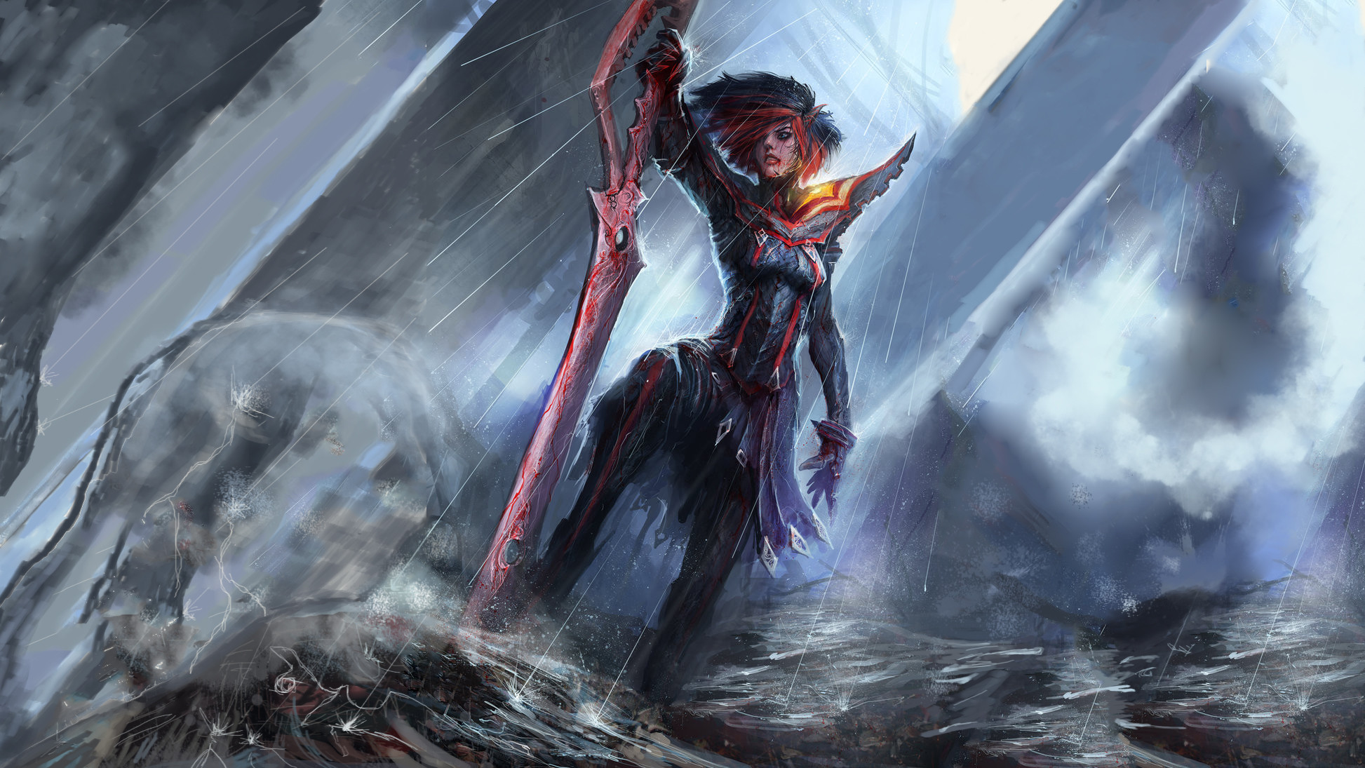 Ryuko Matoi, Kill la Kill, Forbice-spada, Pioggia, Rovine, Full HD, sfondo per PC