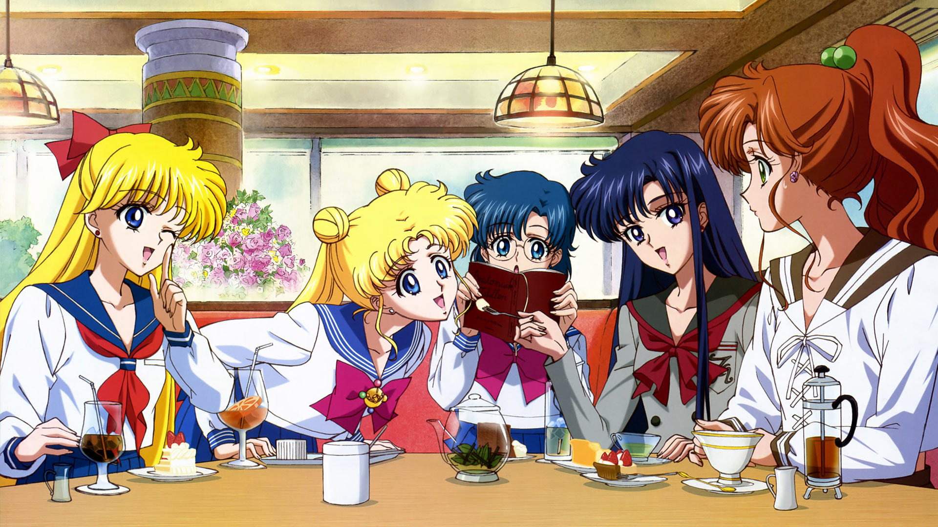 Usagi Tsukino, Minako Aino, Ami Mizuno, Rei Hino, Makoto Kino, Caffè, sfondo widescreen Full HD