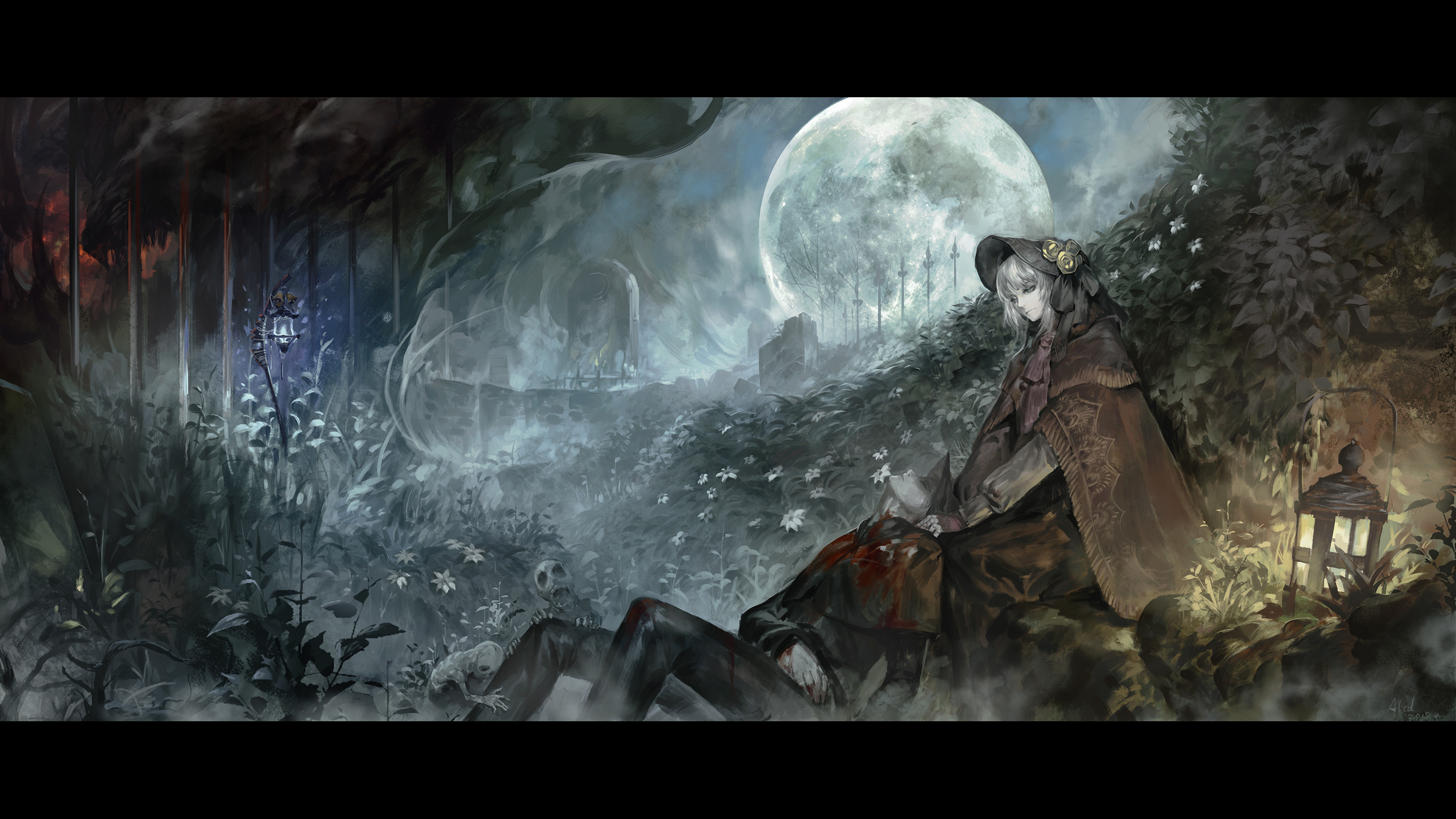 Bambola, Bloodborne, Sogno del Cacciatore, Luna piena, Fan art, 16:9 2K, sfondo widescreen