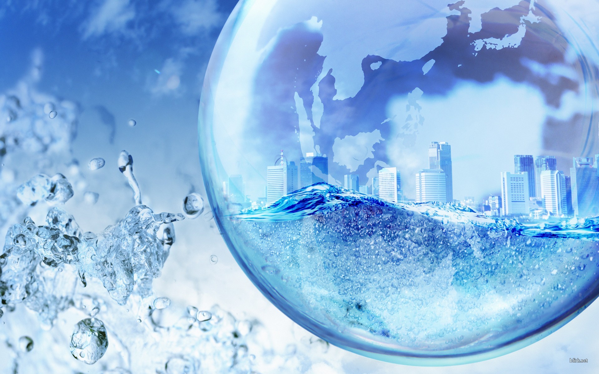 Sfera d'acqua, Città, Surreale, 16:10 Full HD, sfondo widescreen