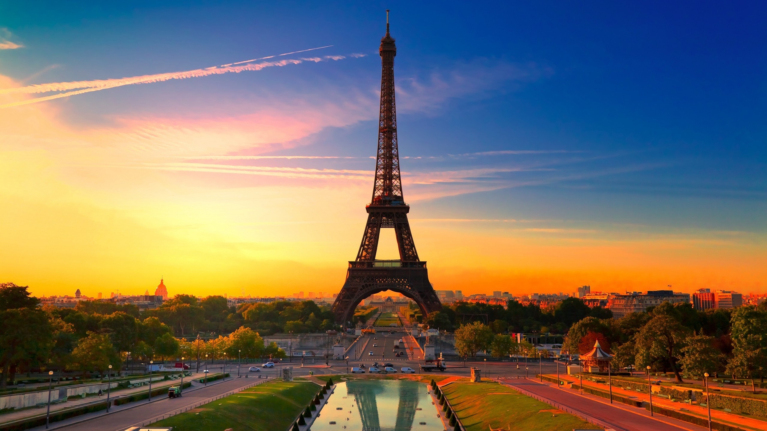 Torre Eiffel, Trocadéro, Parigi, Tramonto, 16:9 2K, sfondo widescreen