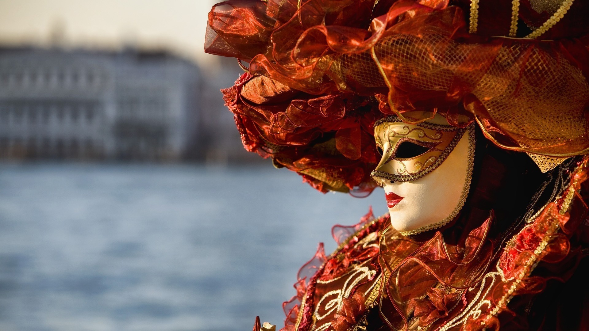 Carnevale di Venezia, Maschera dorata, Laguna, Costume, Full HD, sfondo per PC e portatile