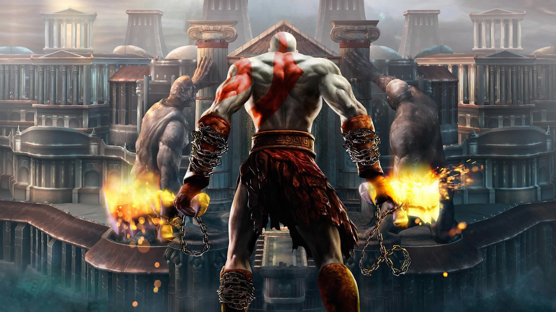 Kratos, God of War II, Lame del Caos, Fiamme, Tempio, Full HD, sfondo Windows 11