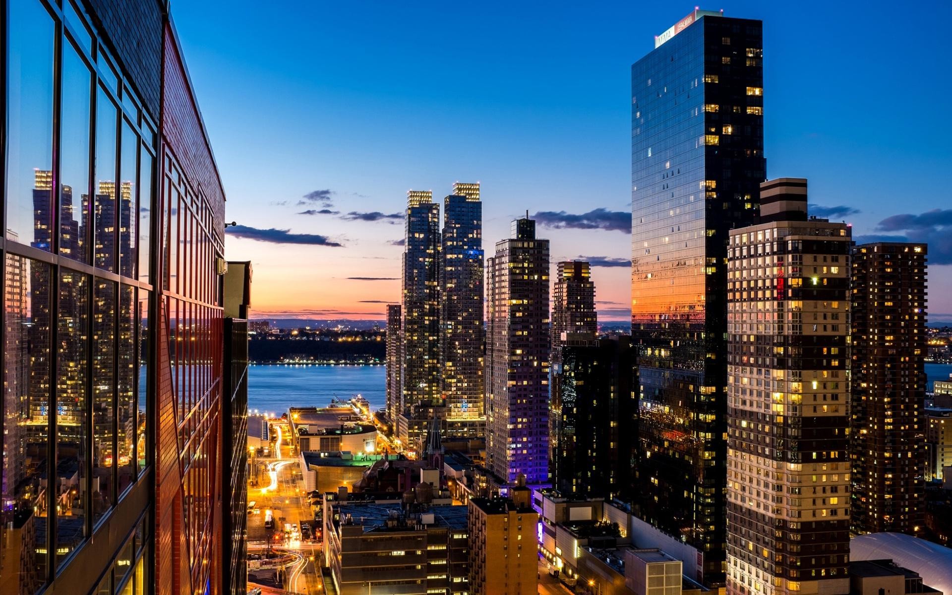 Midtown West, Manhattan, Grattacieli, Crepuscolo, Hudson, Full HD, sfondo Windows 11