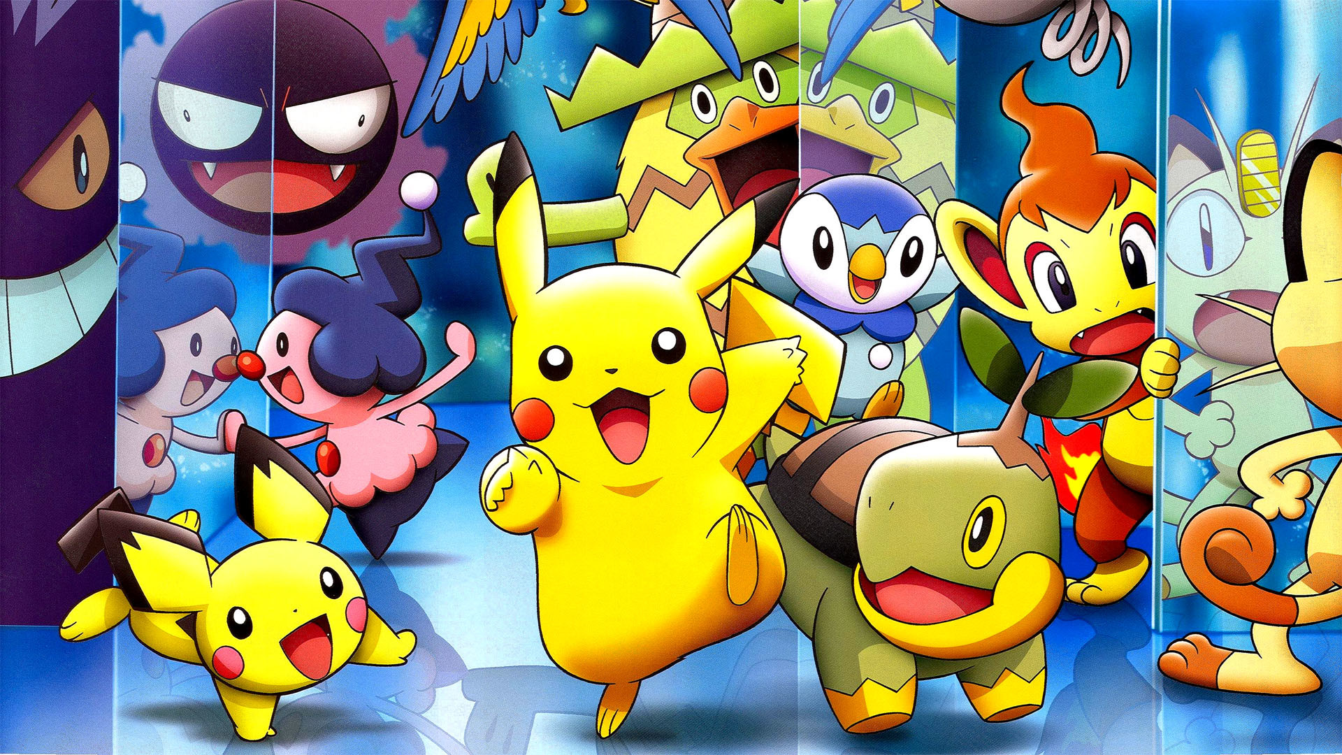Pikachu, Pichu, Piplup, Chimchar, Turtwig, Gengar, Pokémon, 16:9 Full HD, sfondo widescreen