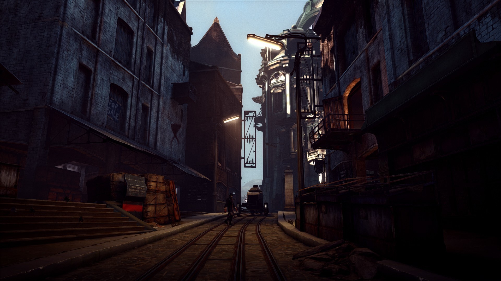 Dishonored, Dunwall, Strada, Tramonto, Edifici, Full HD, sfondo per PC e portatile