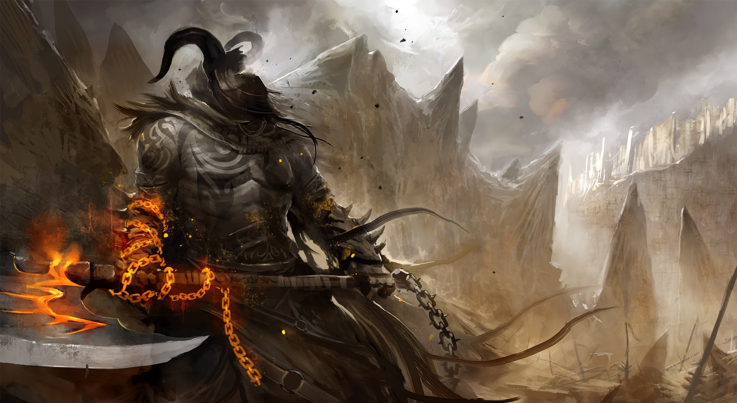 Guerriero vichingo, Ascia infuocata, Arte fantasy, Montagne, 2K, sfondo Windows 11