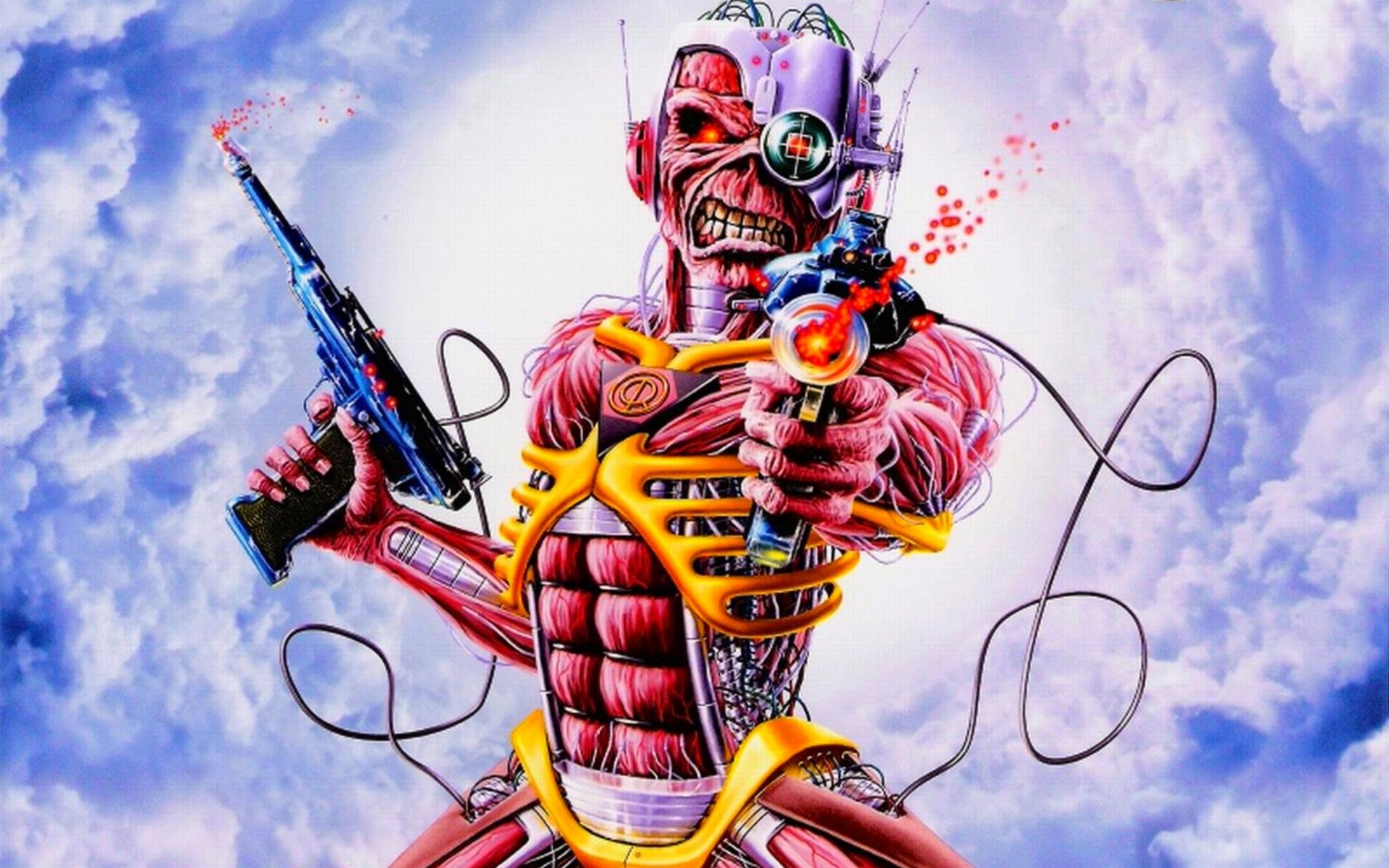 Eddie, Somewhere in Time, Iron Maiden, Cyborg, Pistola laser, Nuvole, sfondo Full HD per PC