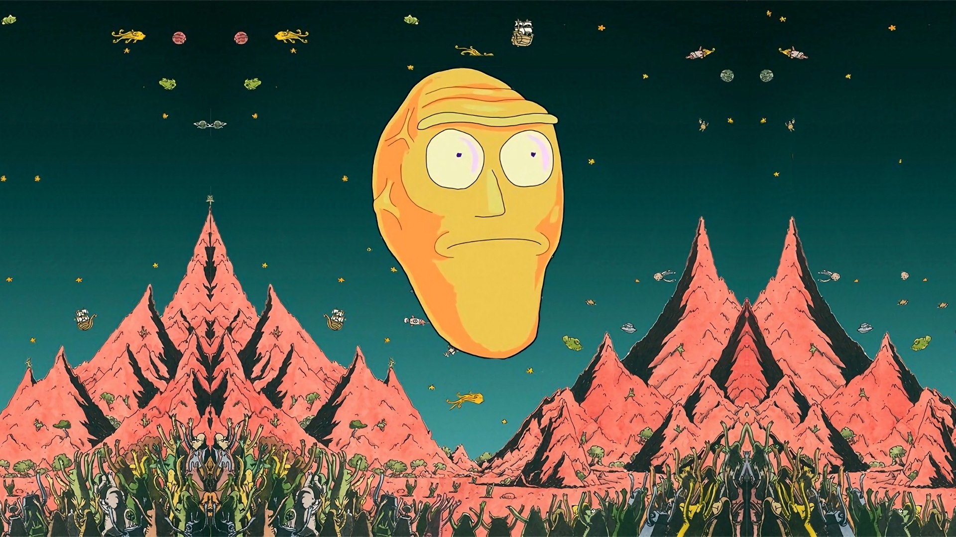 Rick and Morty, Testa gigante, Montagne, Arte psichedelica, Full HD, sfondo Windows 11