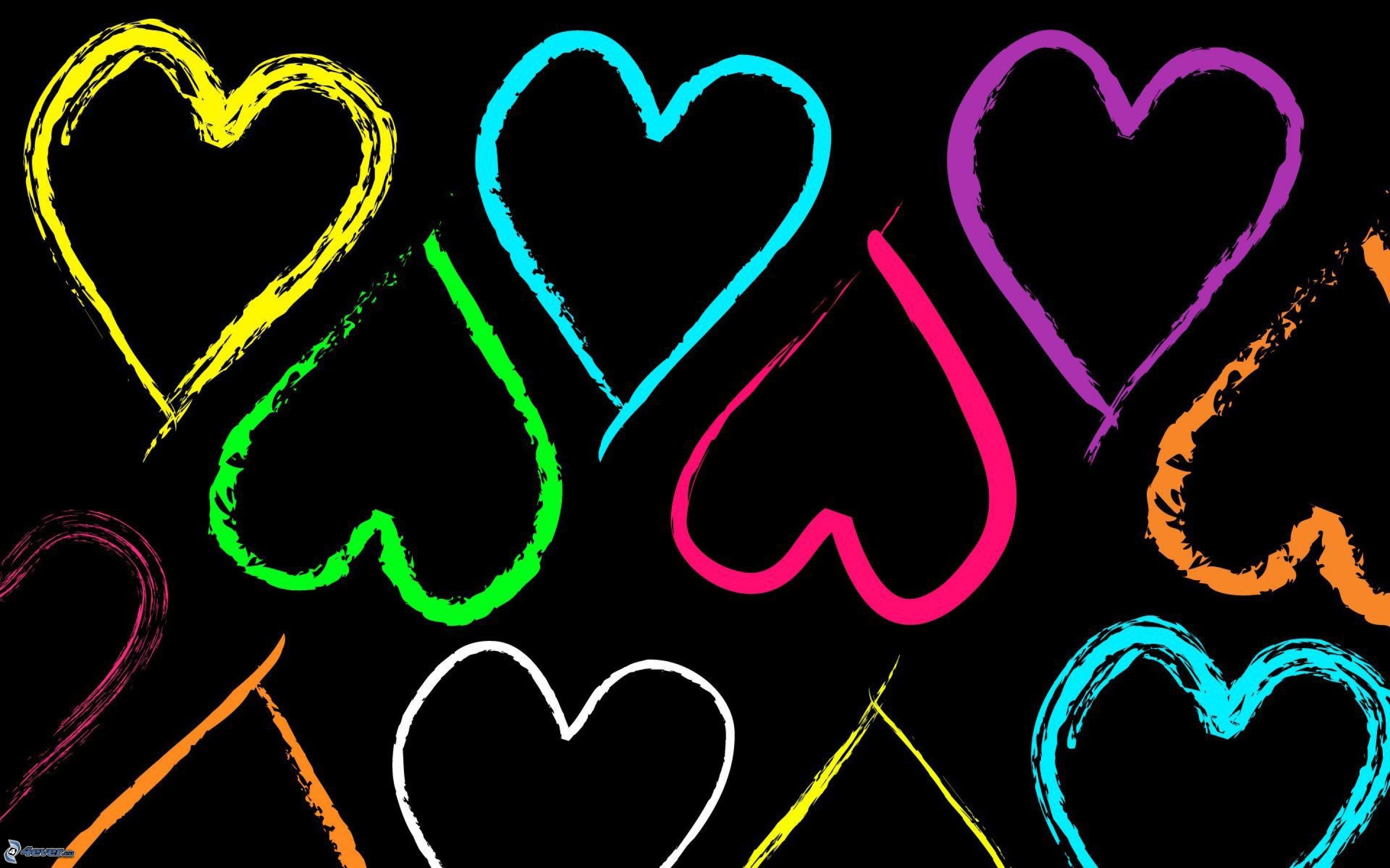 Cuori colorati, Pennellate, Sfondo nero, 2K, wallpaper per PC