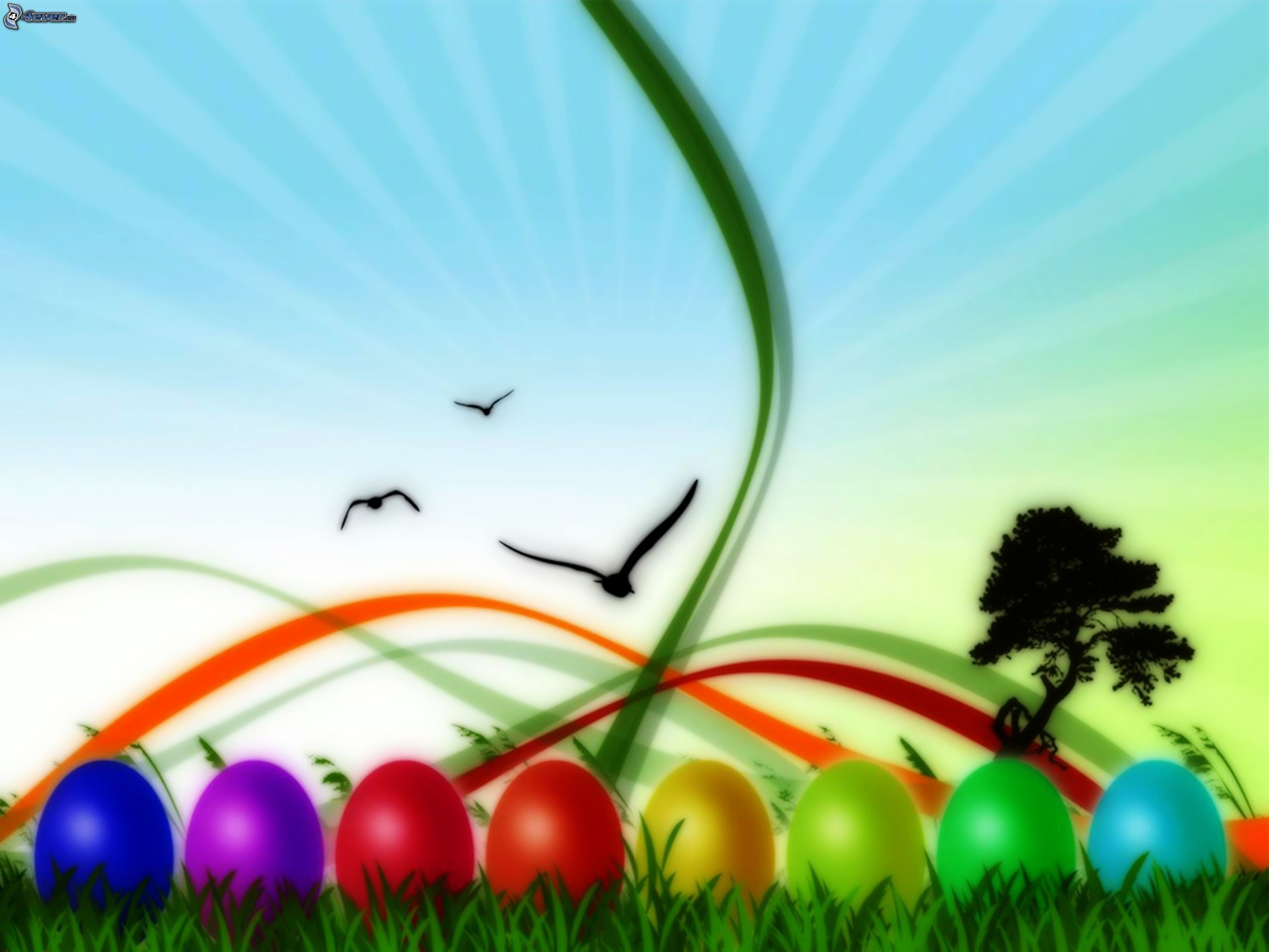 Uova di Pasqua, Arcobaleno, Uccelli, Illustrazione, 2K, schermata di blocco iPad