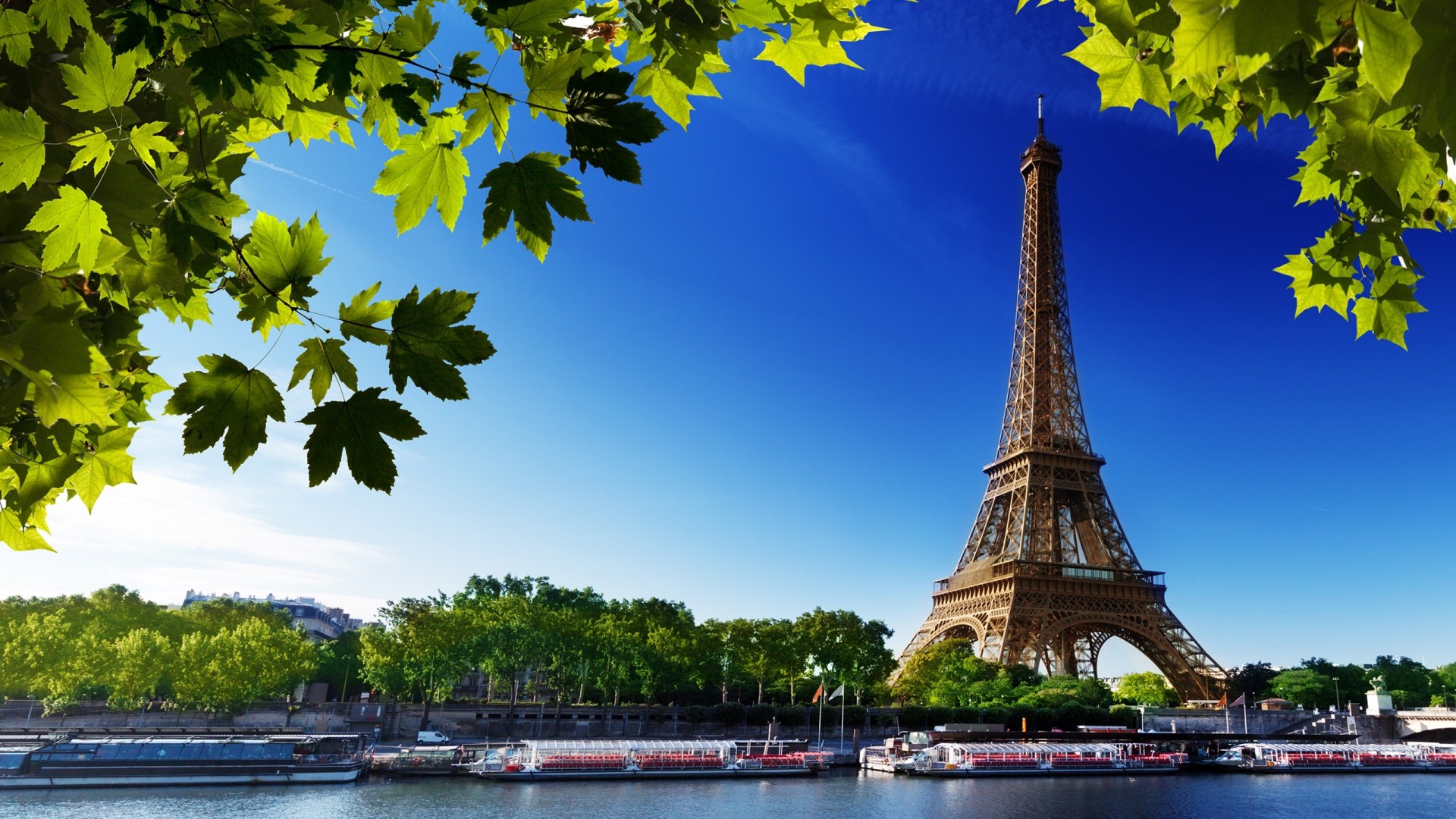 Torre Eiffel, Senna, Parigi, Foglie, 1920x1080, immagine di sfondo