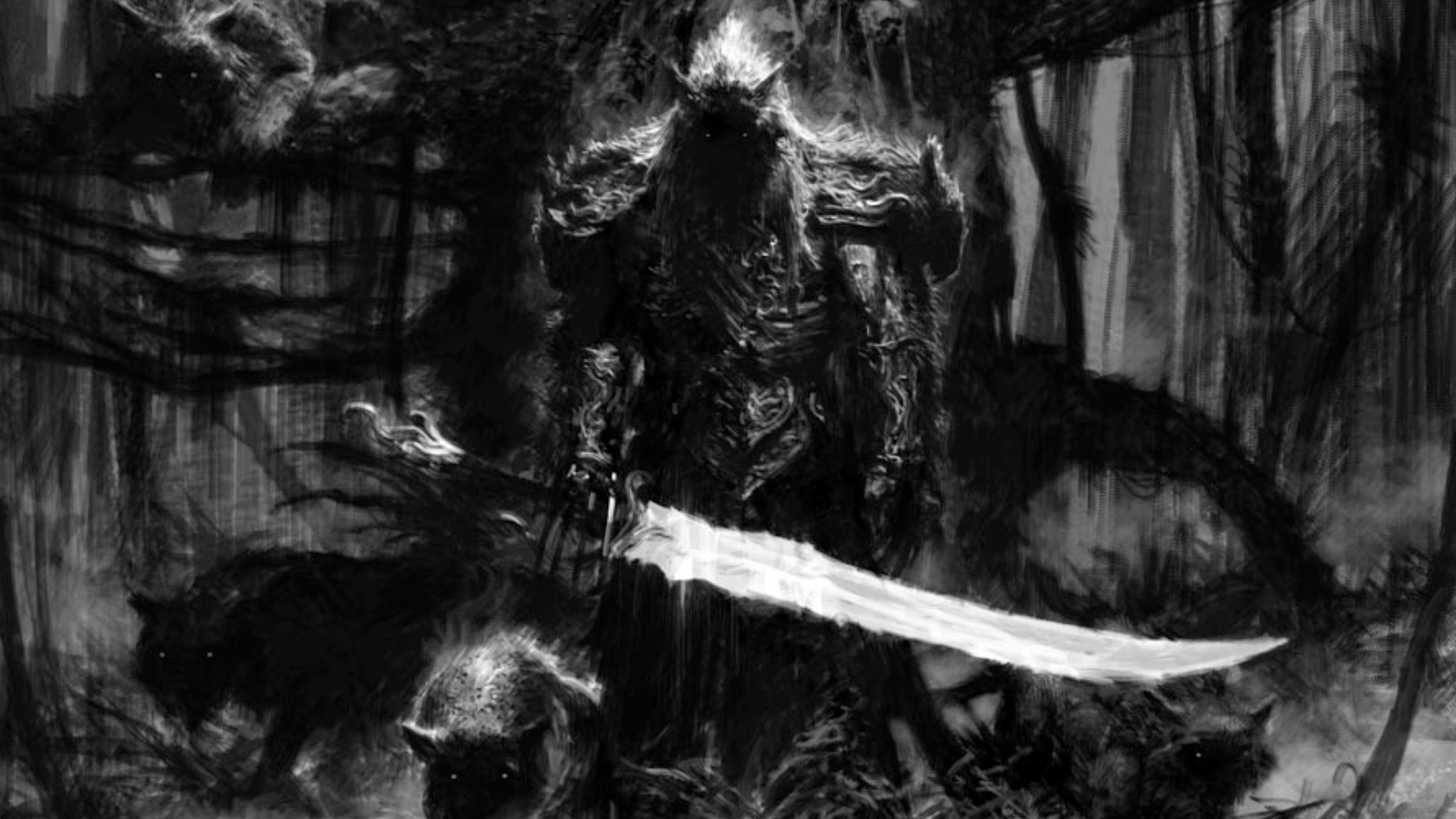 Guerriero, Spada, Bianco e nero, Dark fantasy, Full HD, sfondo per PC e portatile
