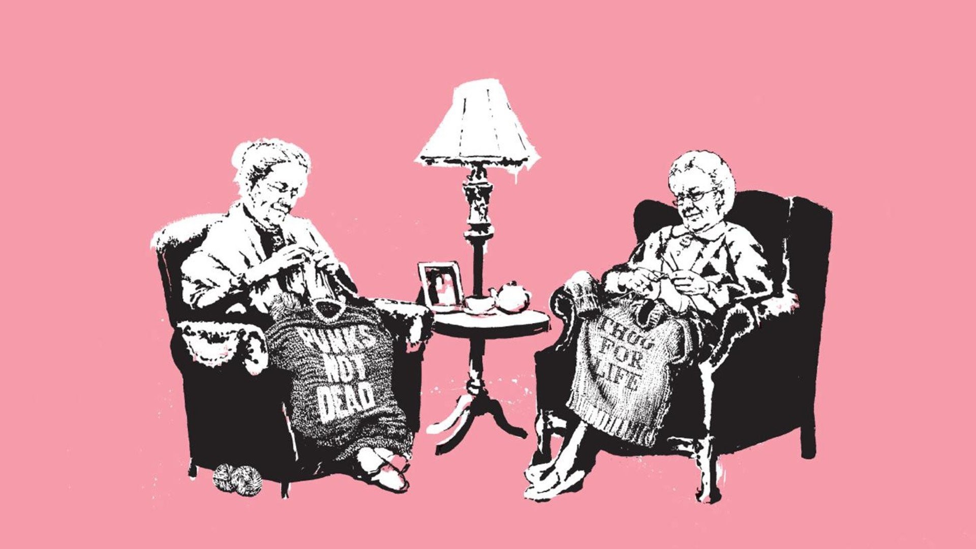 Banksy, Nonne, Lavoro a maglia, Sfondo rosa, 16:9 Full HD, wallpaper widescreen