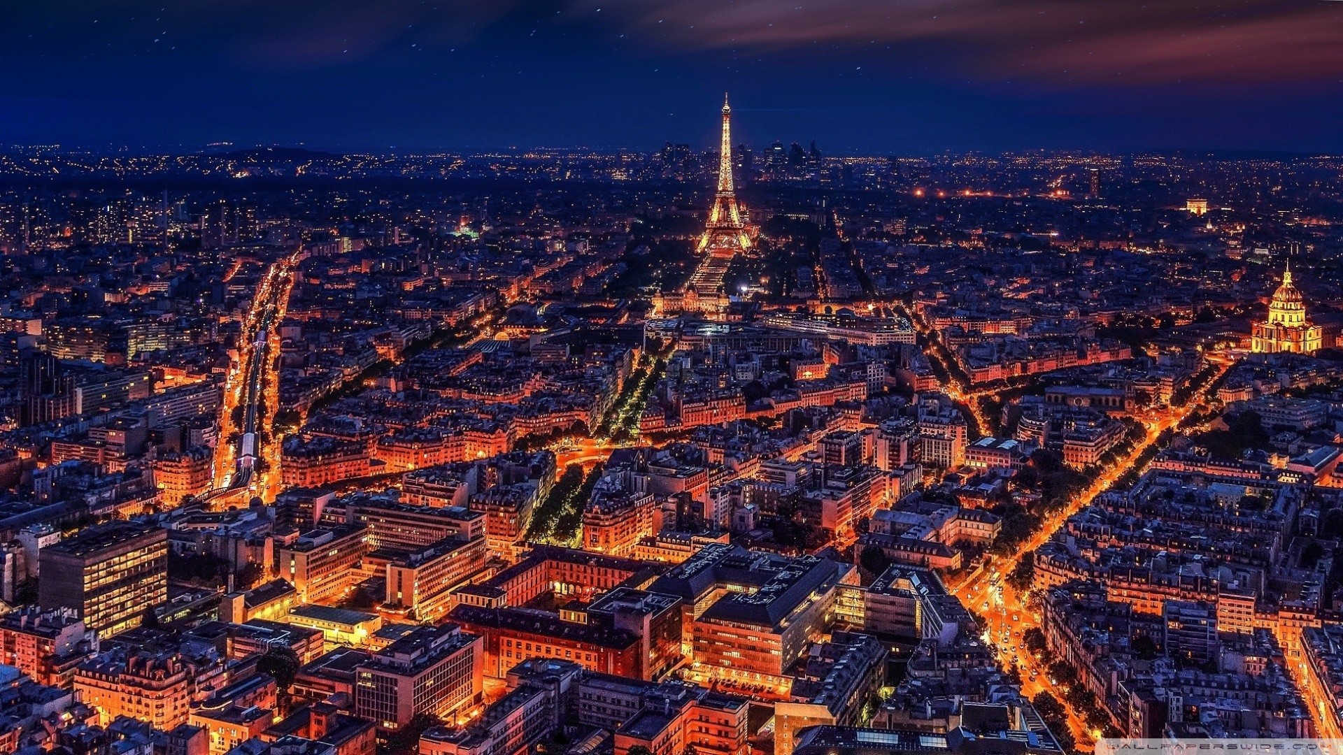 Torre Eiffel, Parigi, Città di notte, Vista aerea, Full HD, sfondo per PC
