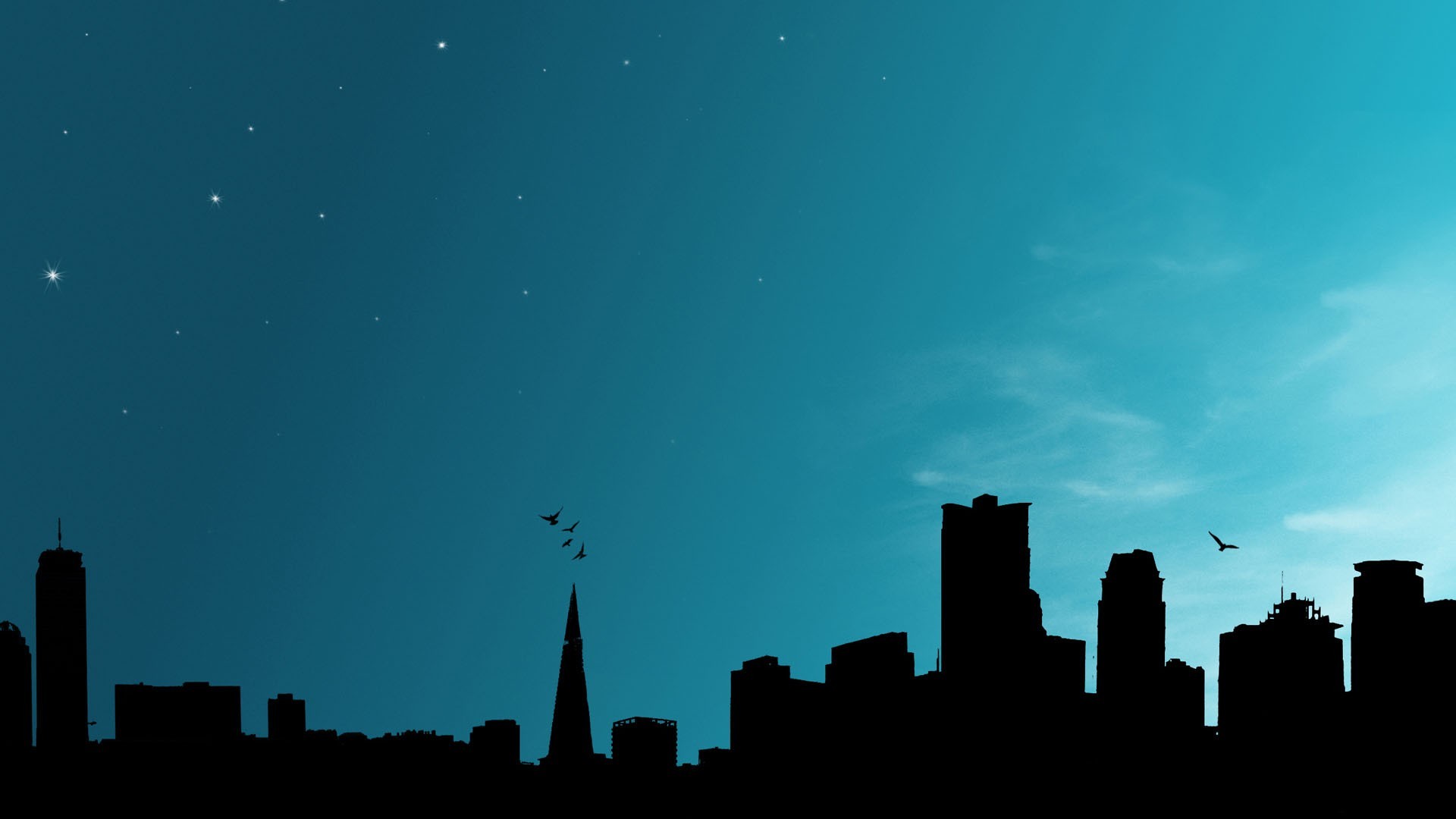 Skyline, Silhouette, Città, Cielo turchese, Uccelli, Full HD, wallpaper per computer