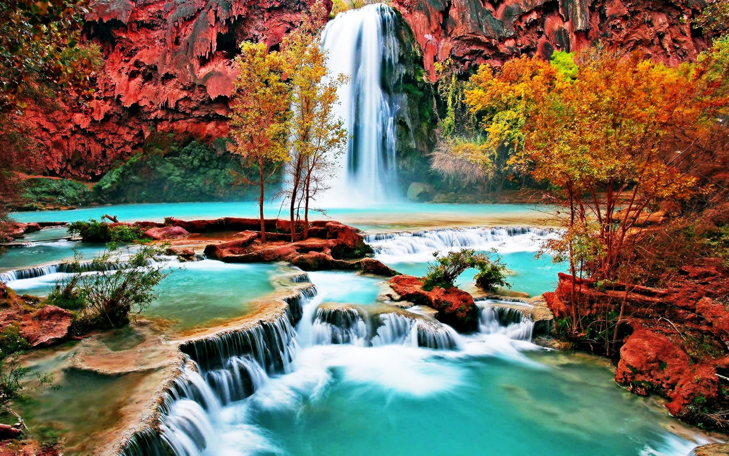 Havasu Falls, Cascata, Autunno, Acqua turchese, 2K, immagine di sfondo PC