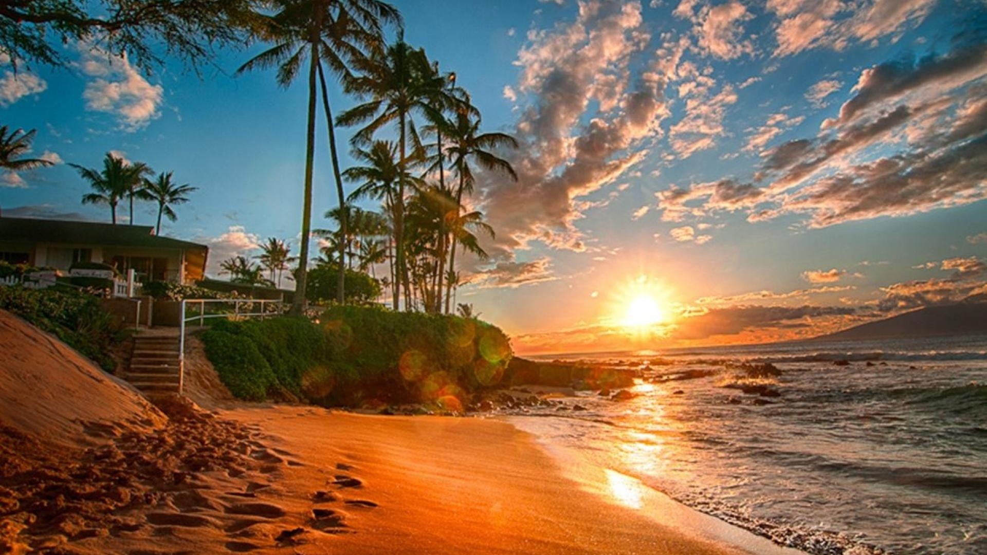 Hawaii, Tramonto, Spiaggia, Palme, Orme, 16:9 Full HD, sfondo widescreen