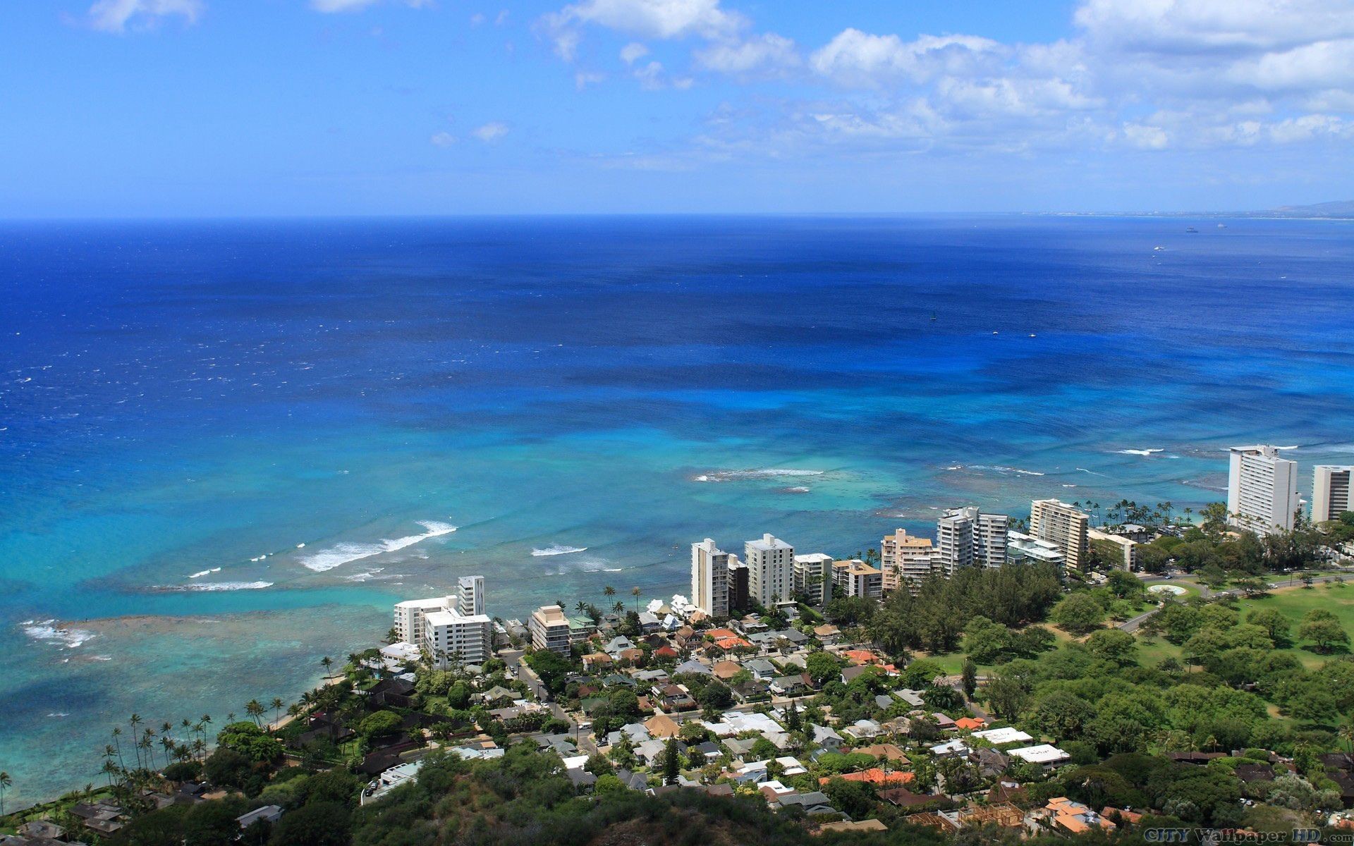 Waikiki, Honolulu, Hawaii, Oceano Pacifico, Vista aerea, Full HD, sfondo per PC e portatile