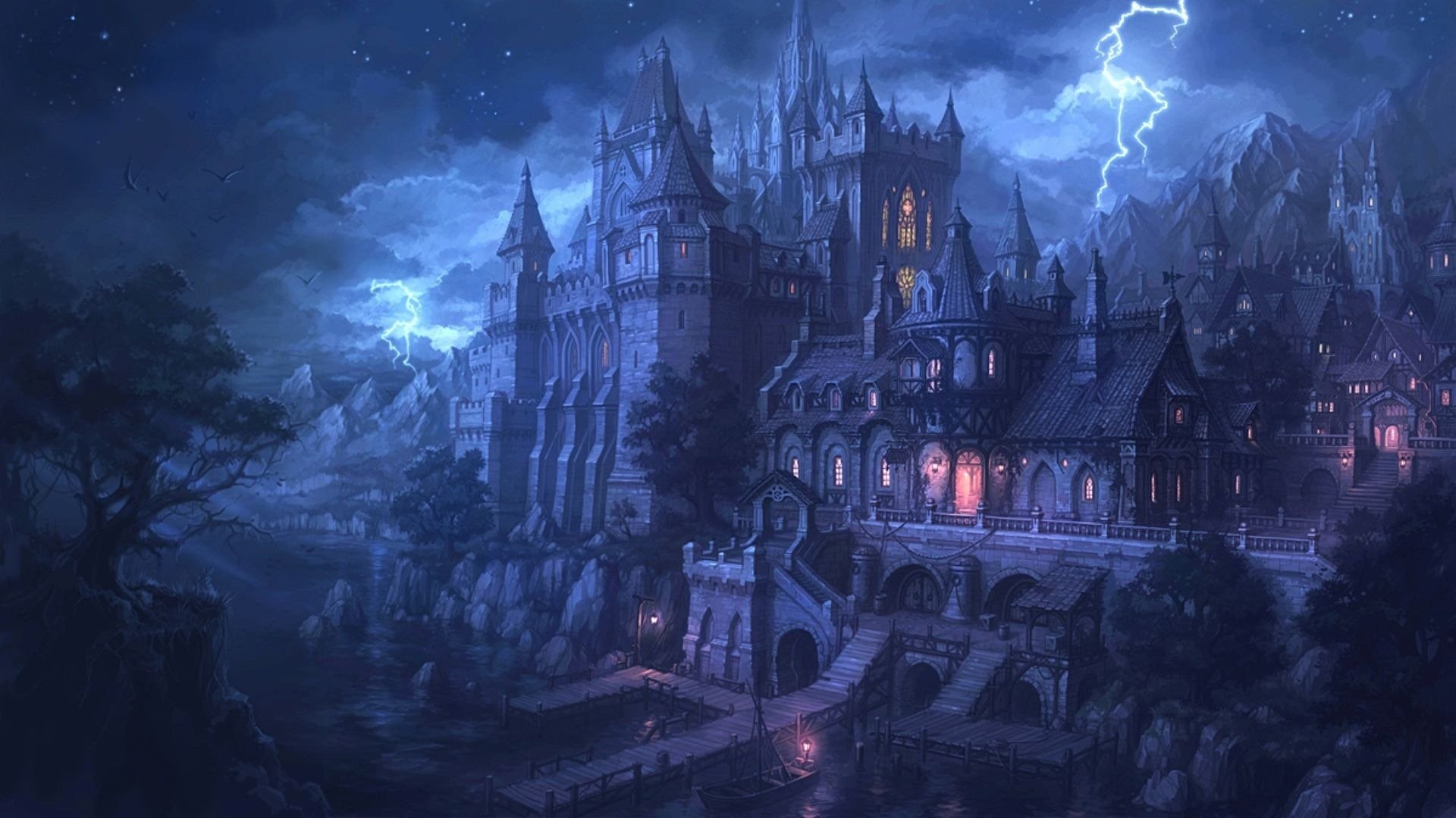 Castello gotico, Fulmini, Notte, Dark fantasy, Blu, Tempesta, 16:9 Full HD, wallpaper widescreen