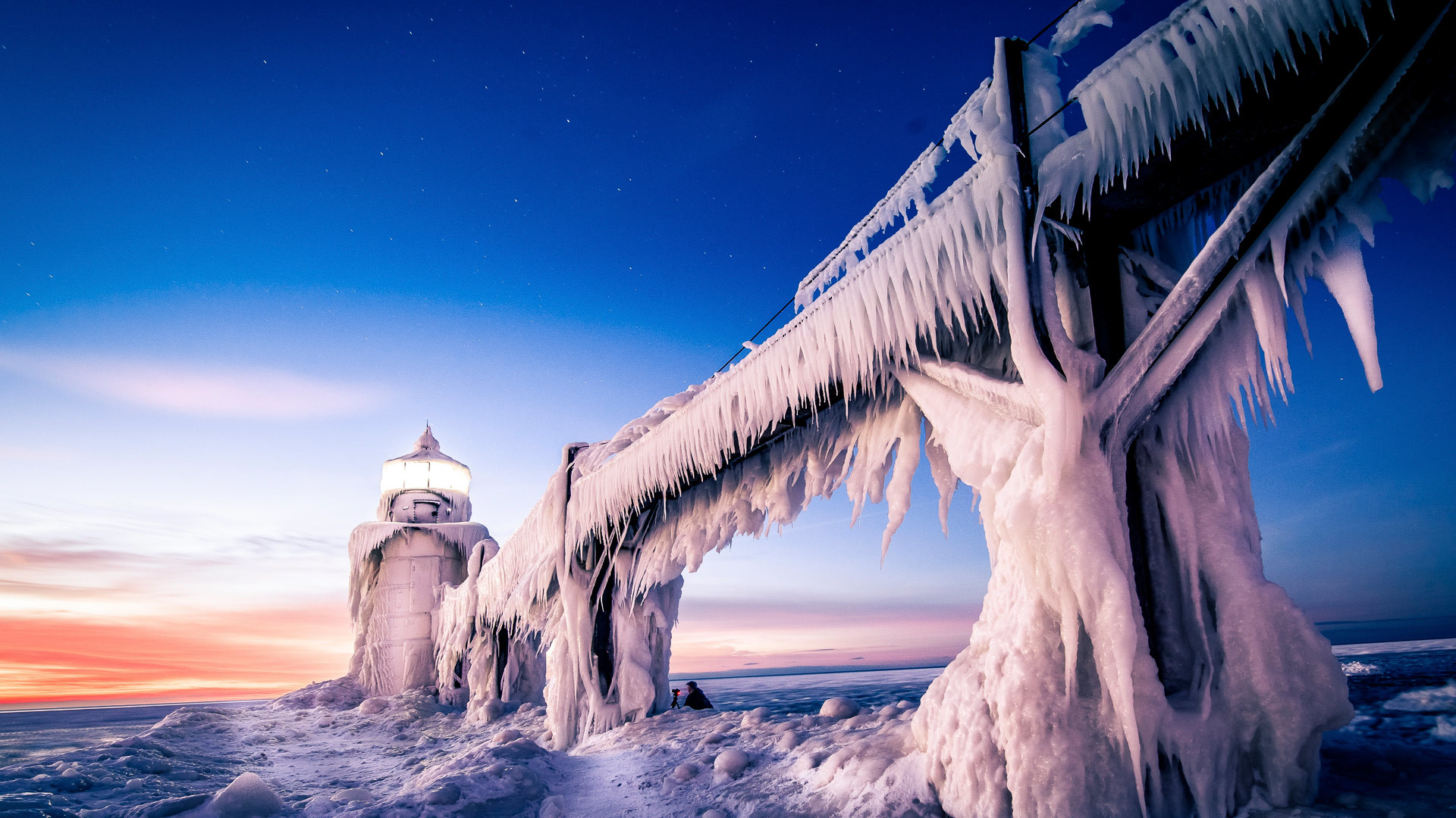 Faro di St. Joseph, Lago Michigan, Ghiaccio, Molo ghiacciato, Inverno, sfondo desktop 1920x1080