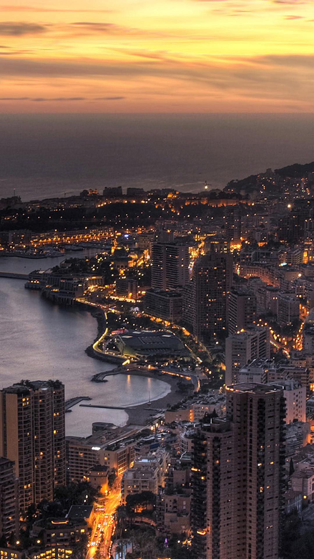 Monaco, Principato di Monaco, Costa, Tramonto, Luci della città, schermata di blocco iPhone