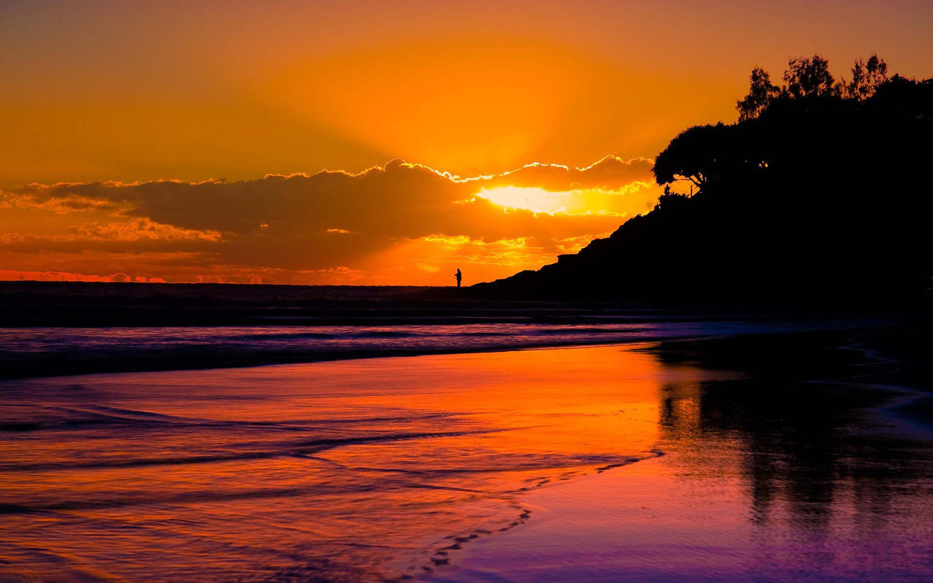 Hawaii, Tramonto, Silhouette, Spiaggia, Cielo arancione, 16:10 Full HD, sfondo widescreen