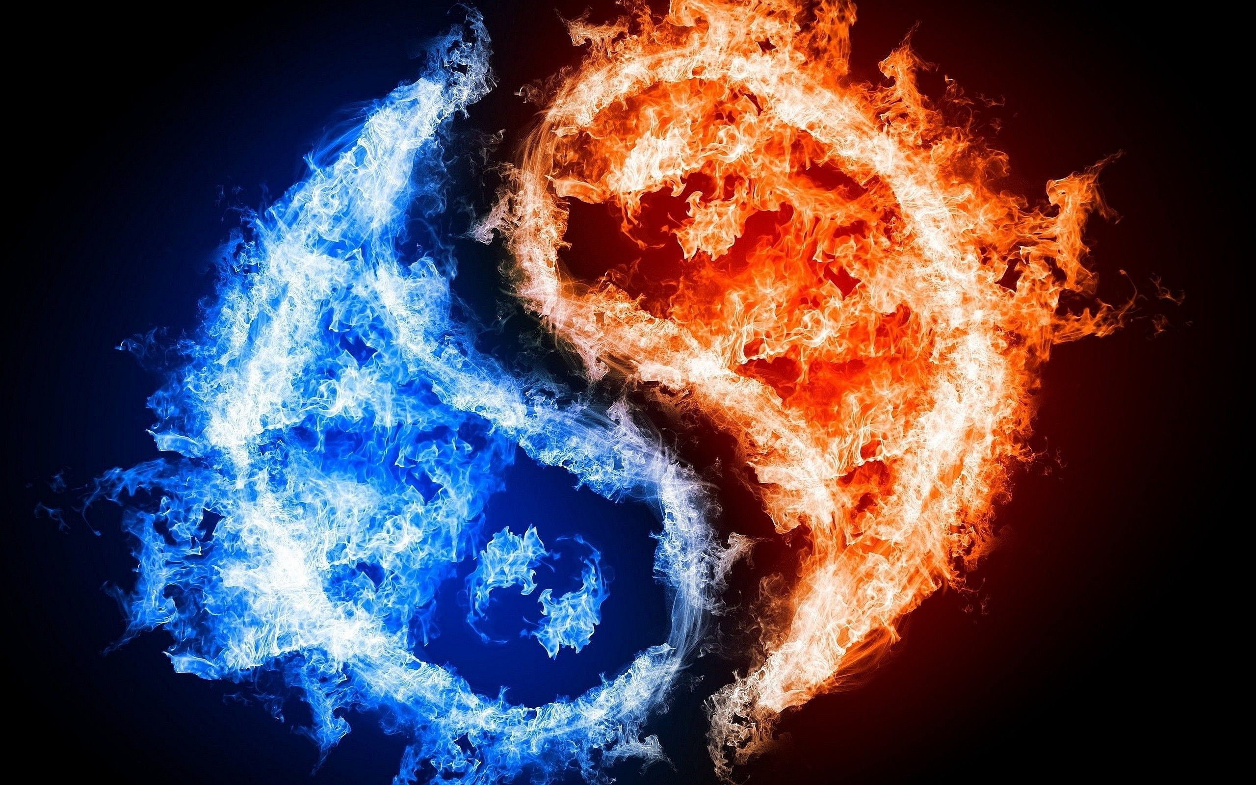 Yin e yang, Fuoco e ghiaccio, Fiamme, 2K, sfondo Windows 11