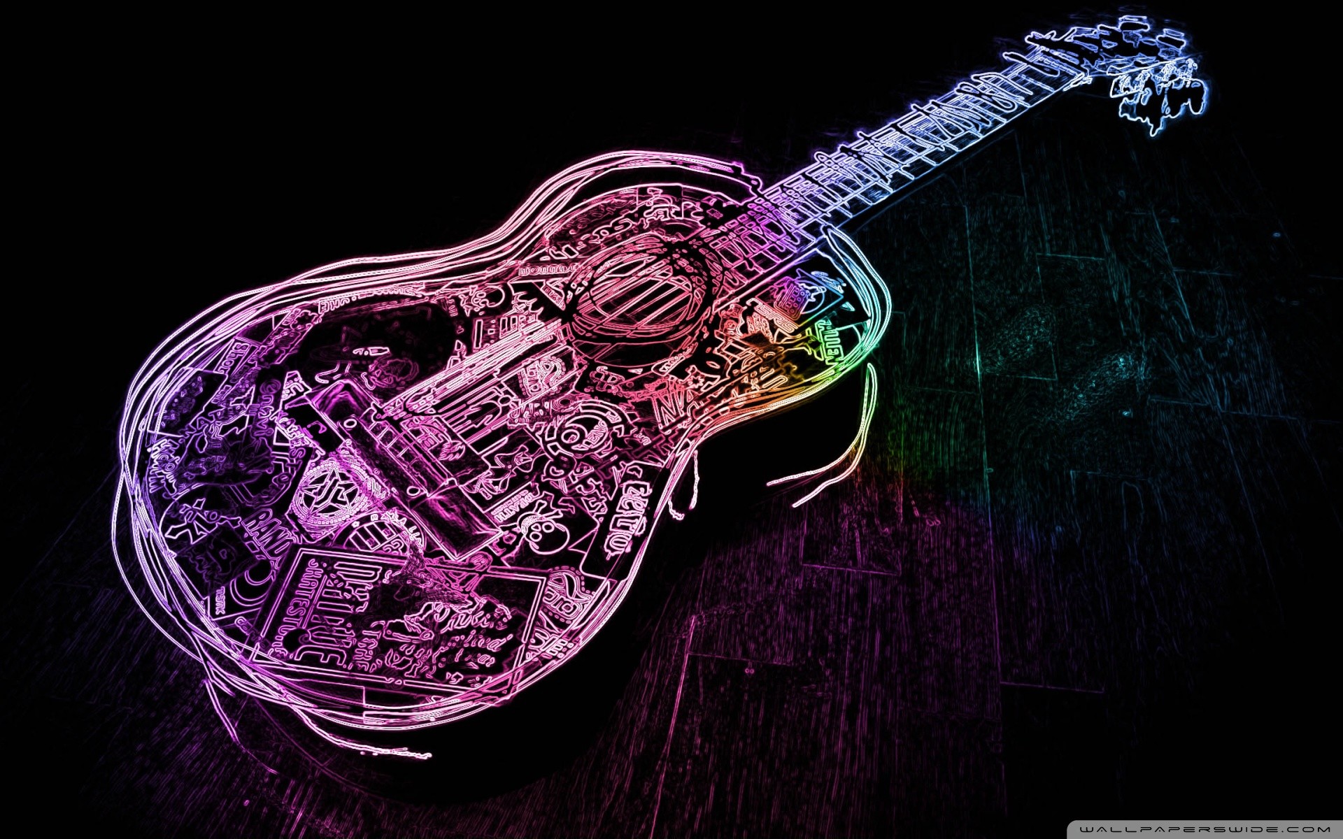 Chitarra acustica, Arte neon, Viola, Sfondo nero, Full HD, wallpaper per computer