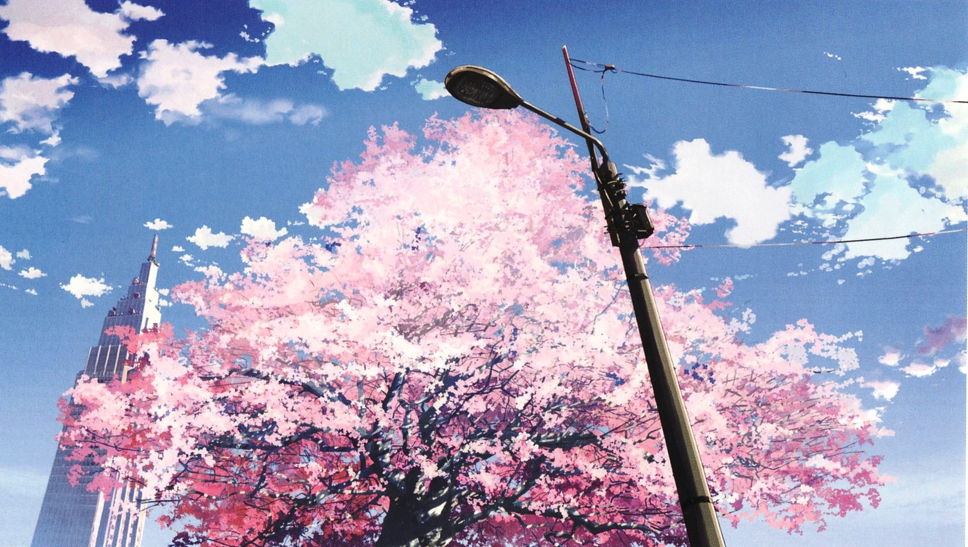 Ciliegio in fiore, Sakura, Lampione, Grattacielo, Anime, Cielo azzurro, sfondo Full HD per portatile