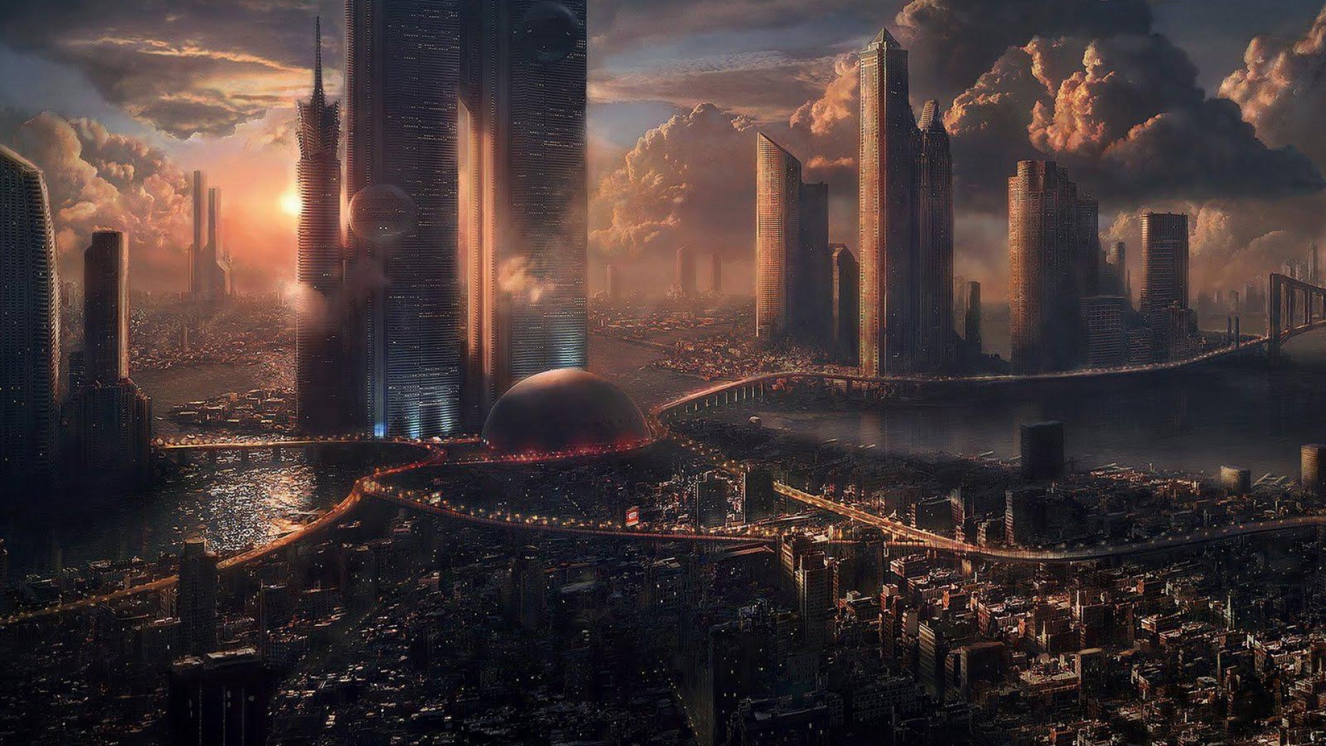 Città futuristica, Grattacieli, Tramonto, Fantascienza, Cupola, Metropoli, sfondo 16:9 Full HD