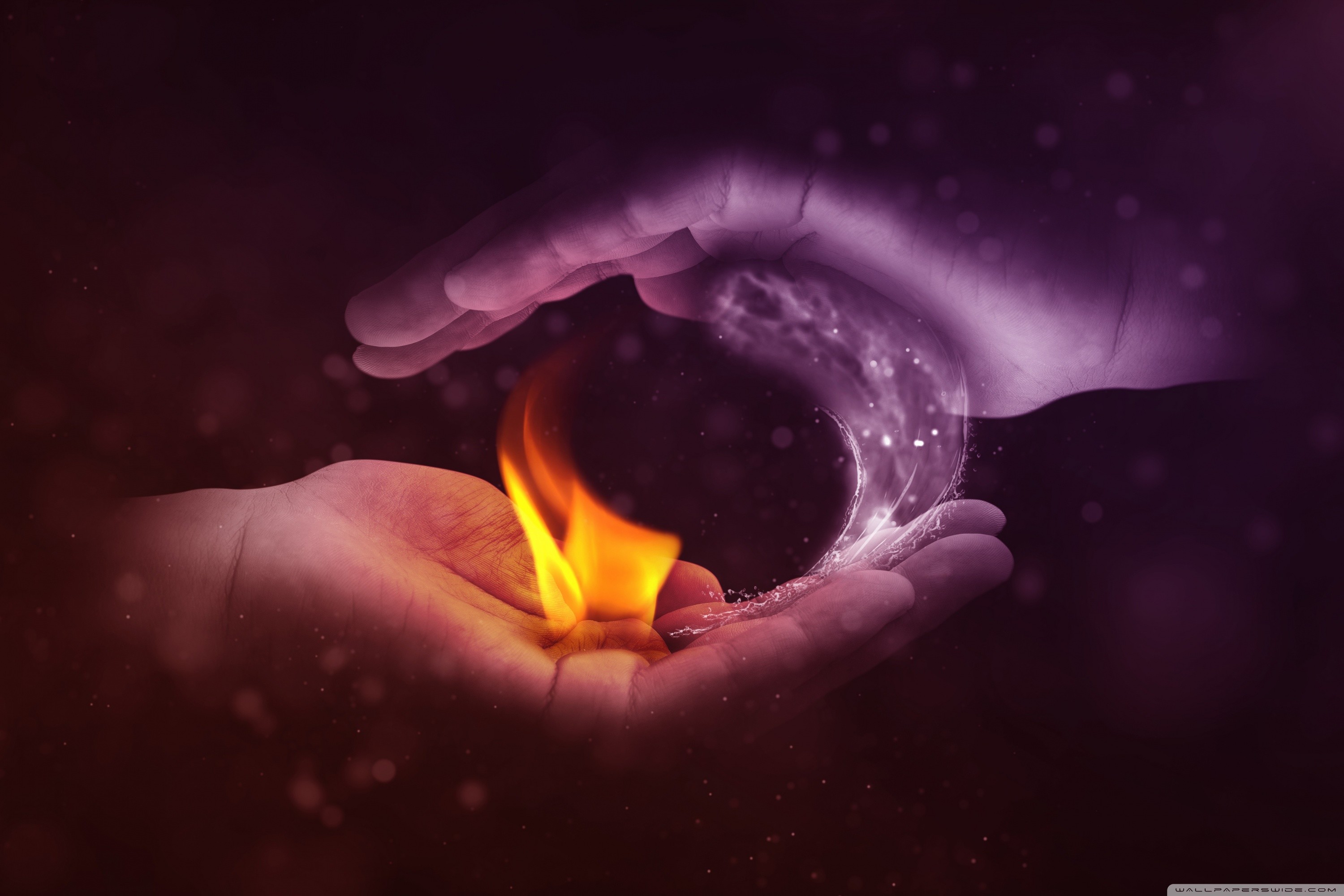 Yin e yang, Mani, Fuoco e acqua, 2K, sfondo per PC