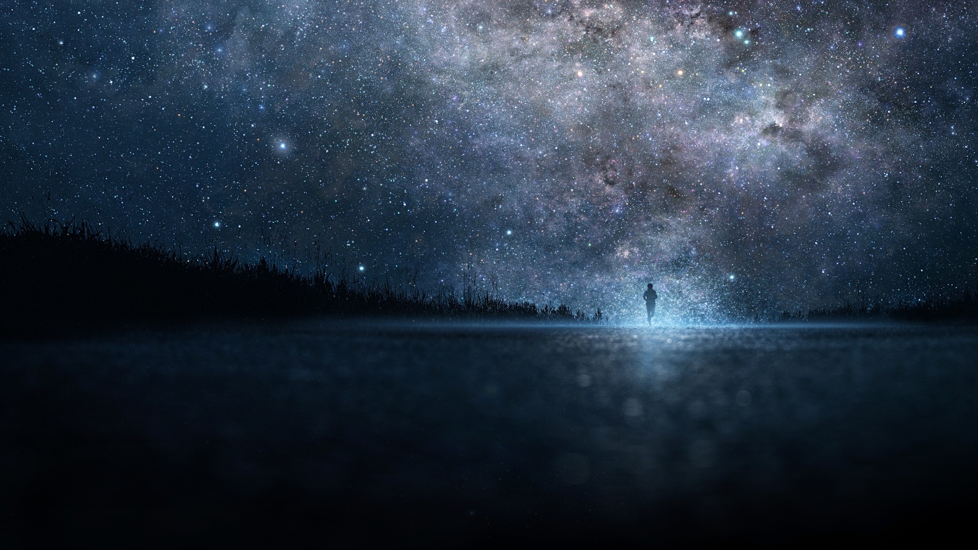 Via Lattea, Lago notturno, Cielo stellato, Silhouette, 1920x1080, wallpaper desktop