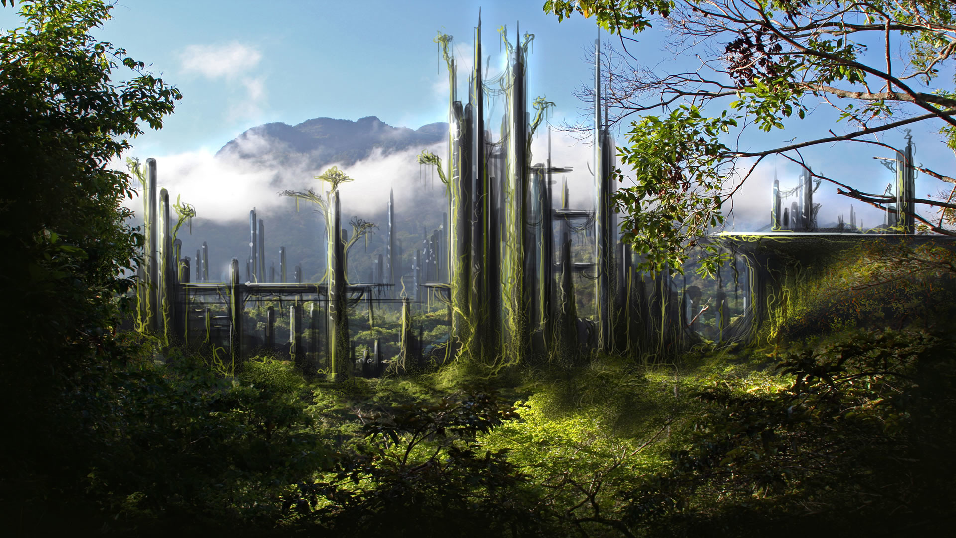 Città futuristica, Foresta, Torri, Concept art, 16:9 Full HD, wallpaper widescreen