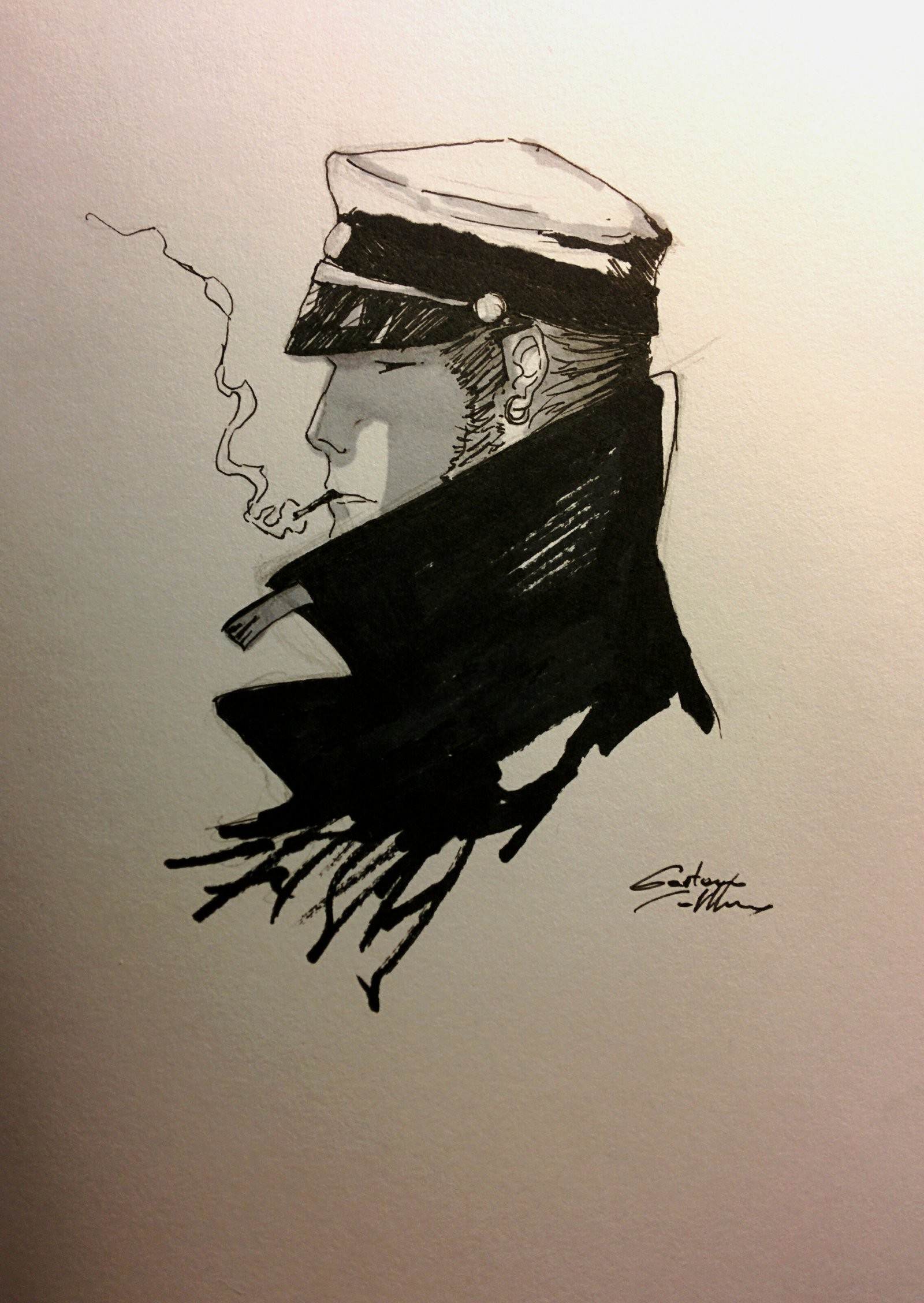 Corto Maltese, Hugo Pratt, Inchiostro, Schizzo, Berretto da marinaio, sfondo QHD+ per tablet