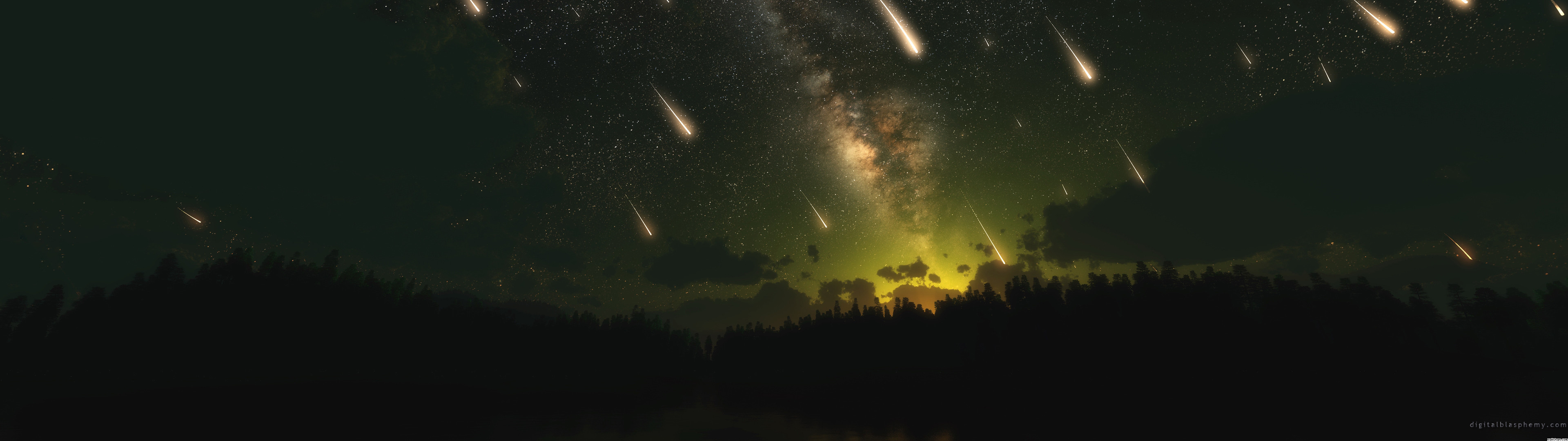 Pioggia di meteore, Via Lattea, Notte, Foresta, 3840x1080, immagine di sfondo
