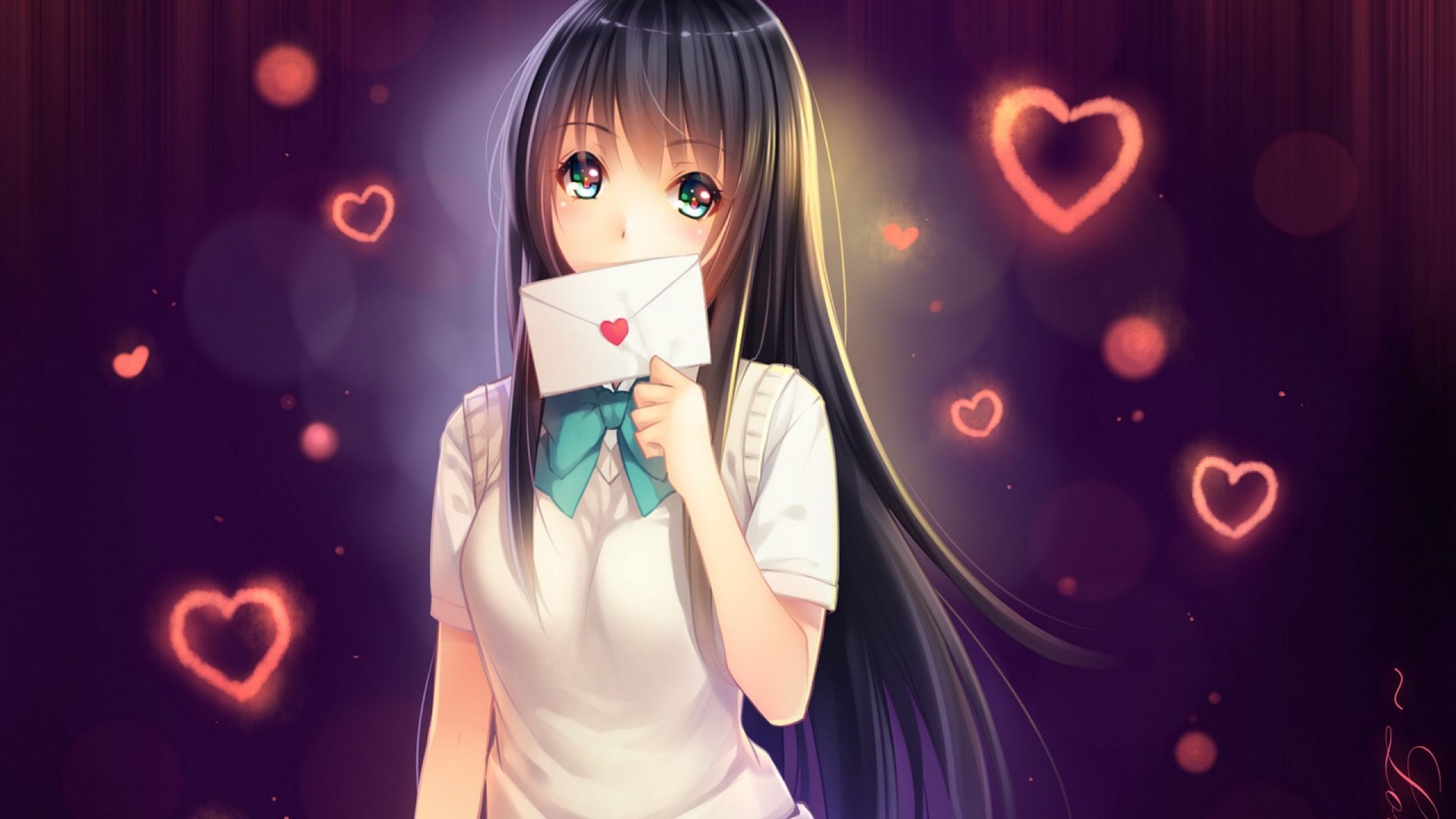 Ragazza anime, Lettera d'amore, Cuori, San Valentino, 16:9 Full HD, sfondo widescreen